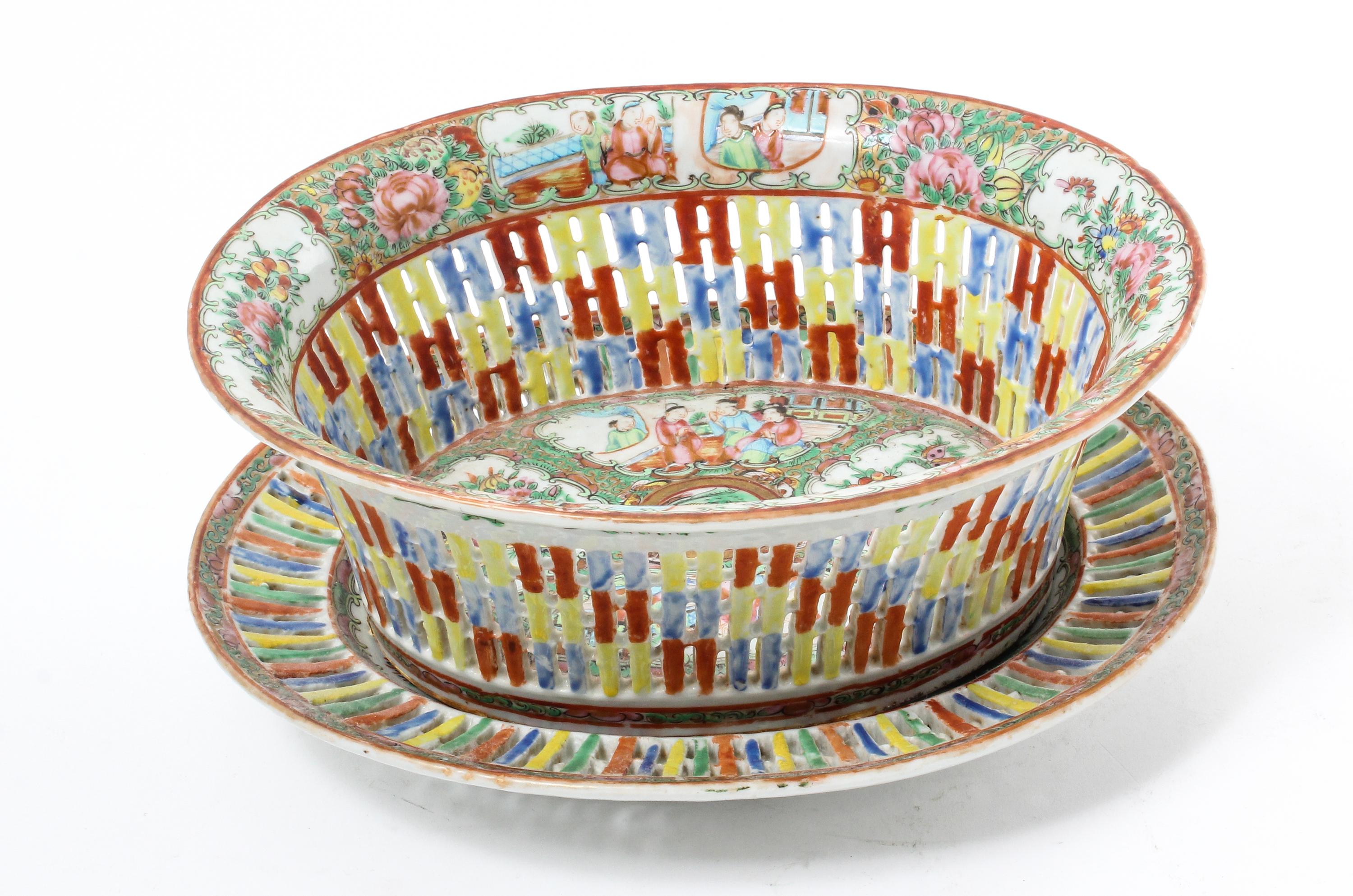 A Chinese Export Rose Canton Porcelain Reticulated Basket and Undertray Width of bowl 10 1/2 inches.