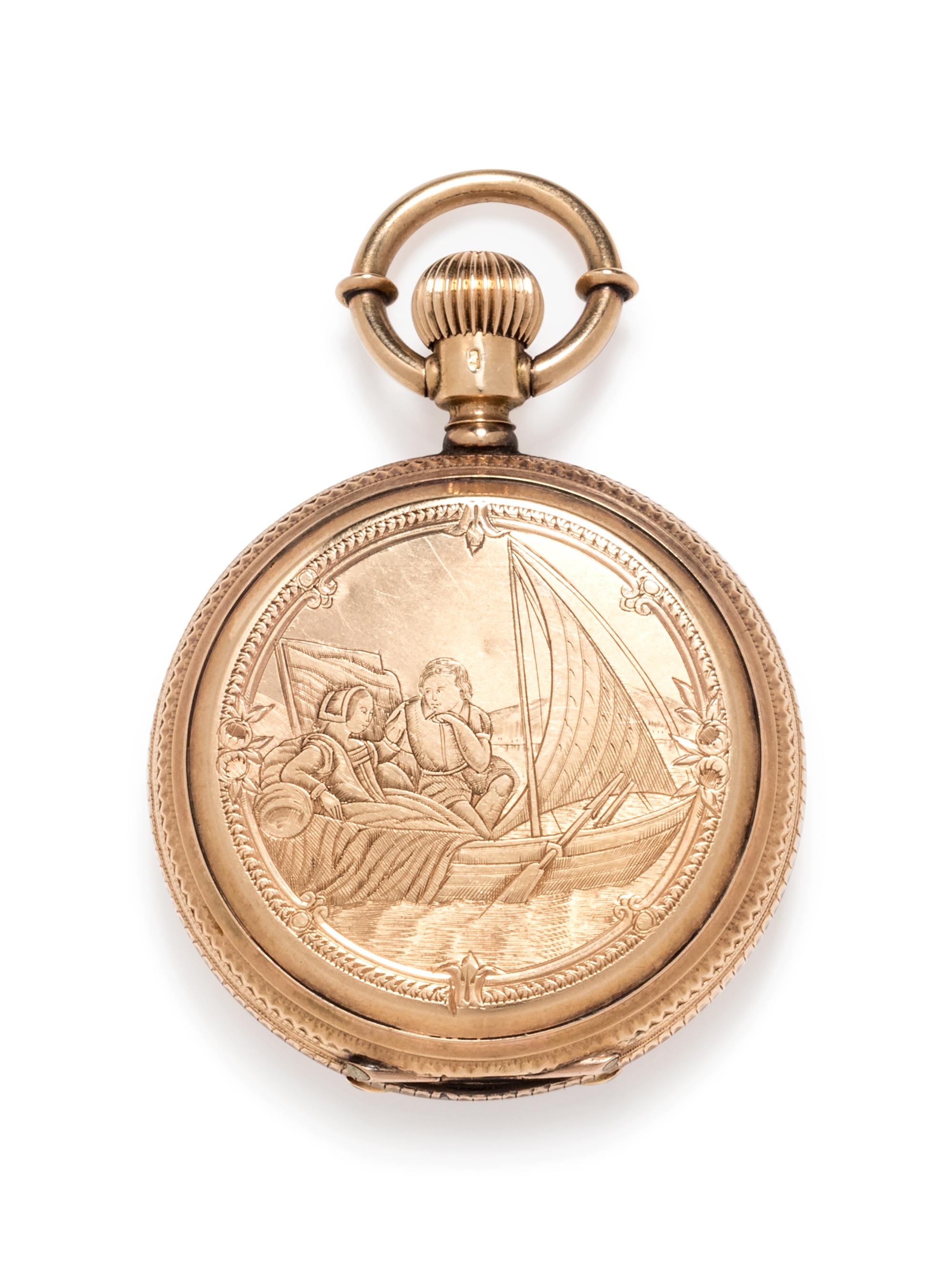 A 14 Karat Yellow Gold Hunter Case Pocket Watch, Lady of Lyons,