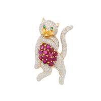 DIAMOND, RUBY, AND BICOLOR GOLD CAT BROOCH
