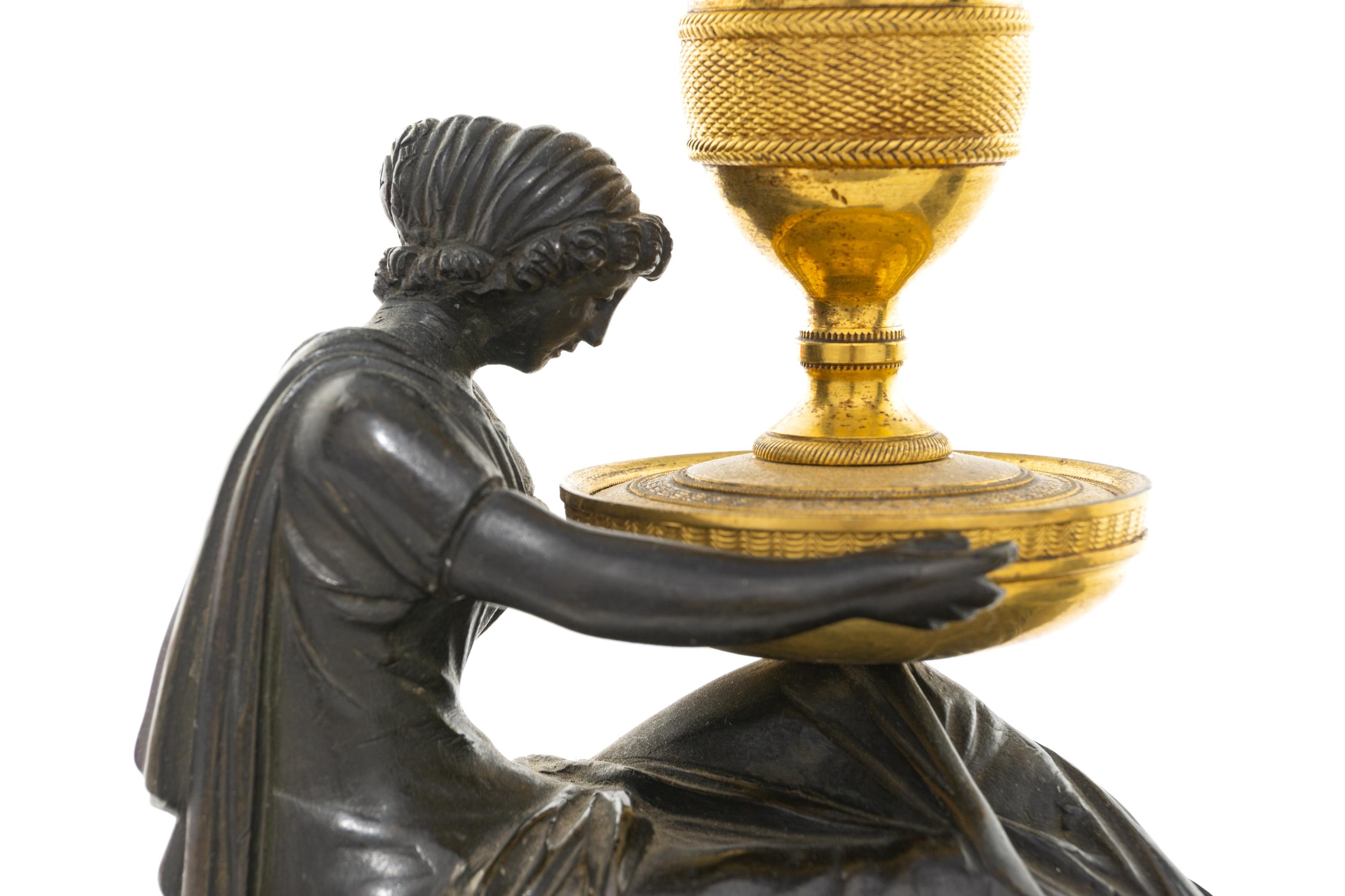 A Pair of Directoire Bronze and Marble Figural Candlesticks