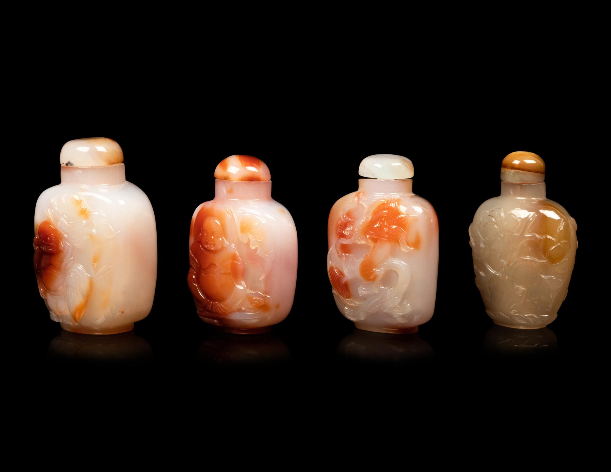 Four Large Chinese Carved Agate Snuff Bottles