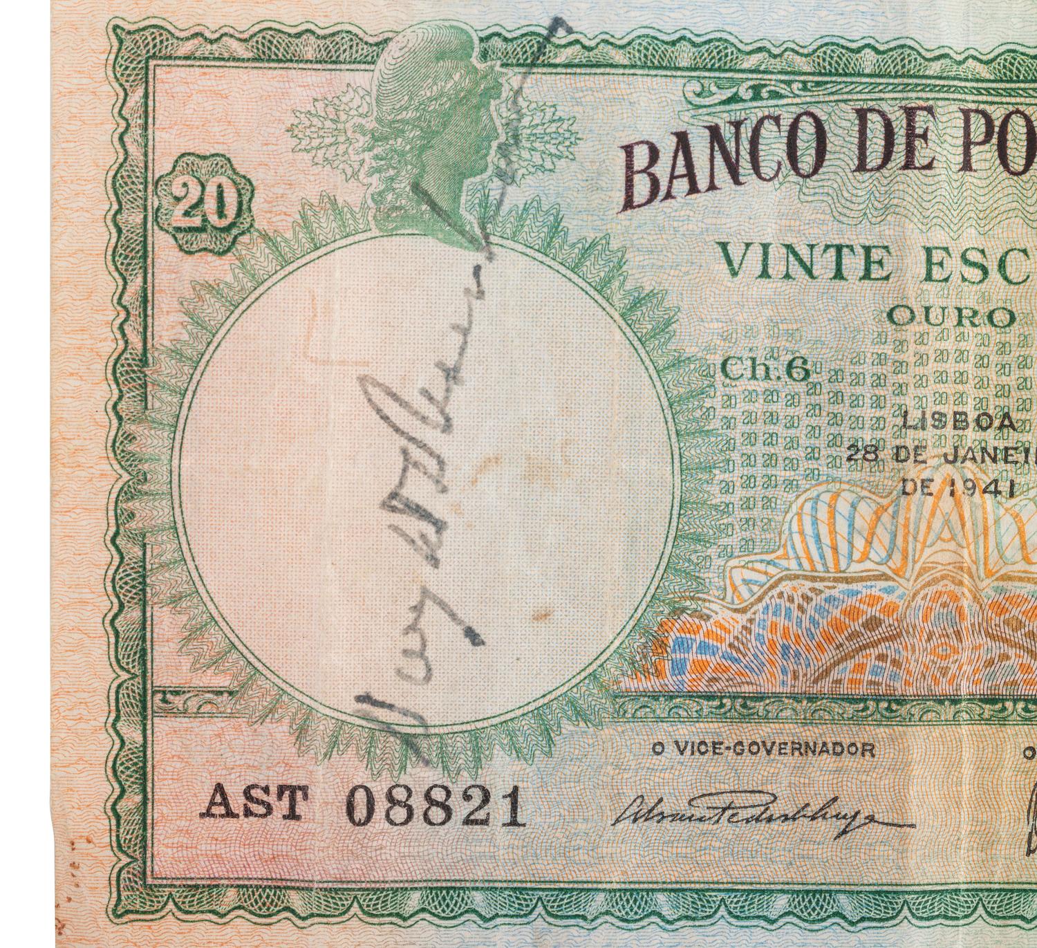 [EISENHOWER, DWIGHT D. (1890-1969)]. Autograph on Portuguese bank note obtained by WWII Veteran.
