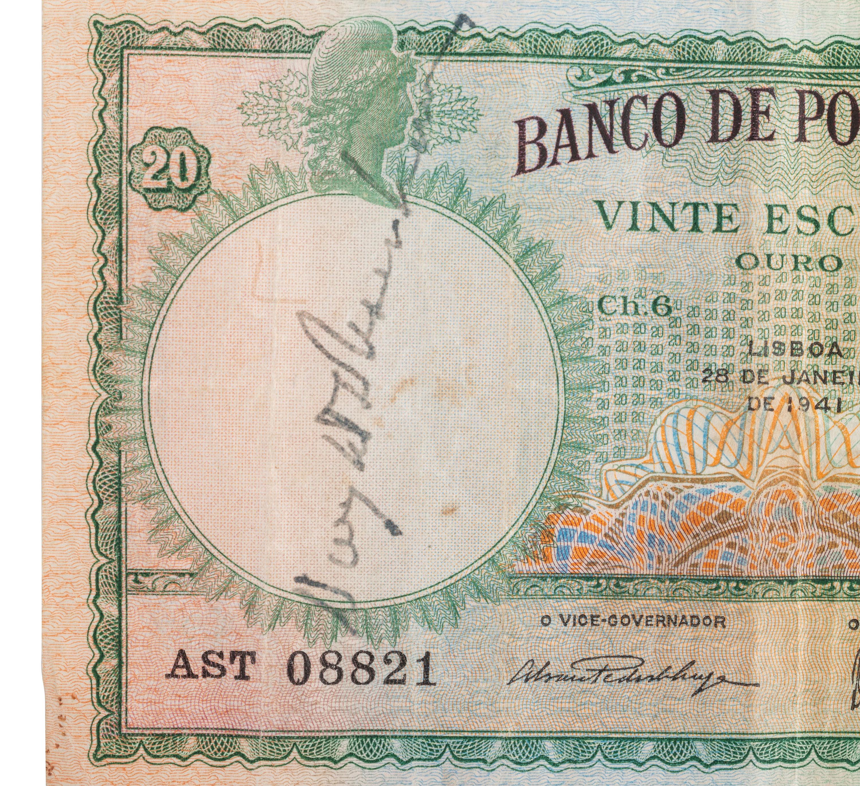 [EISENHOWER, DWIGHT D. (1890-1969)]. Autograph on Portuguese bank note obtained by WWII Veteran.