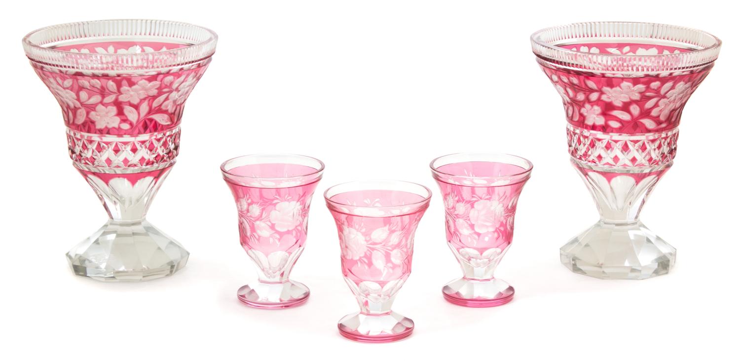A Collection of Cranberry Cut-to-Clear Glass Height of vase 8 1/2 inches. — 20TH CENTURY