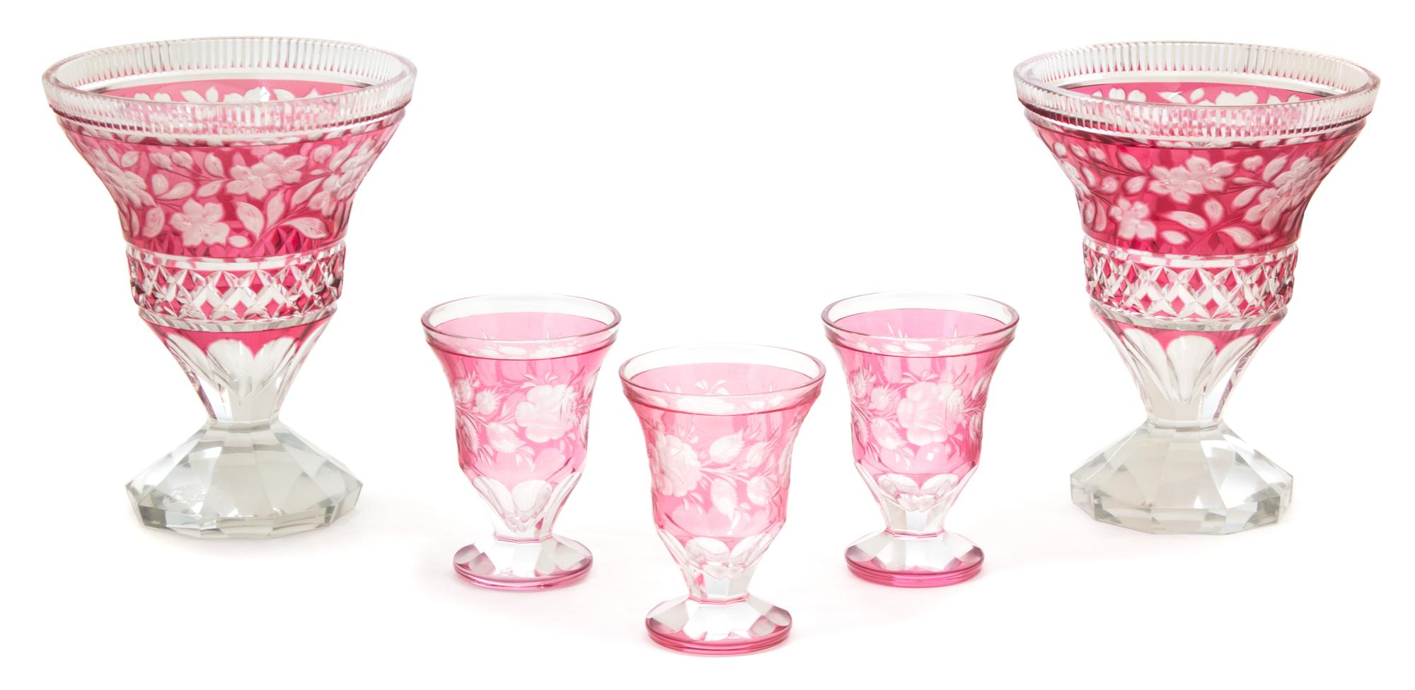 A Collection of Cranberry Cut-to-Clear Glass Height of vase 8 1/2 inches. — 20TH CENTURY
