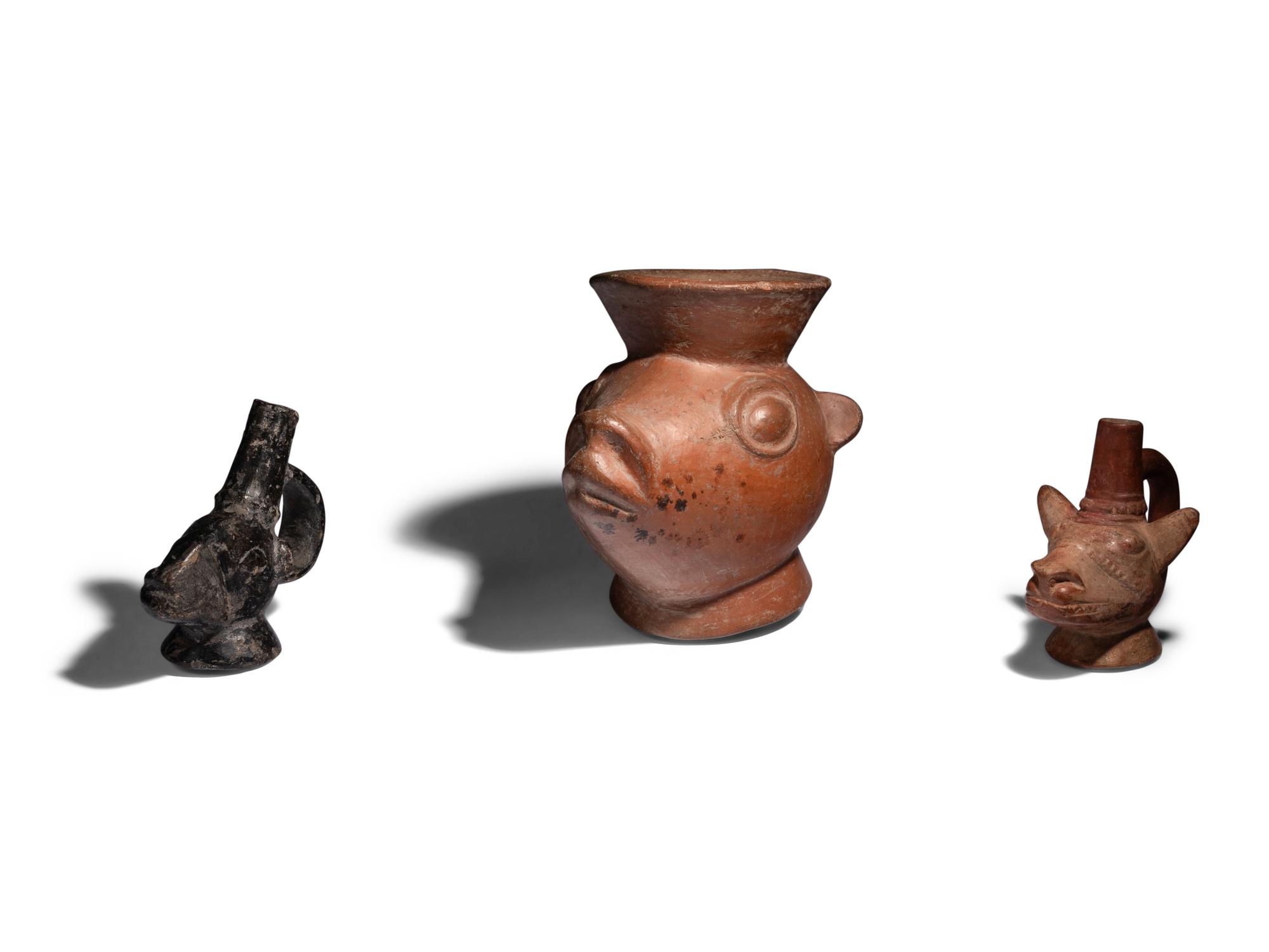 Three Peruvian Llama-Head Vessels