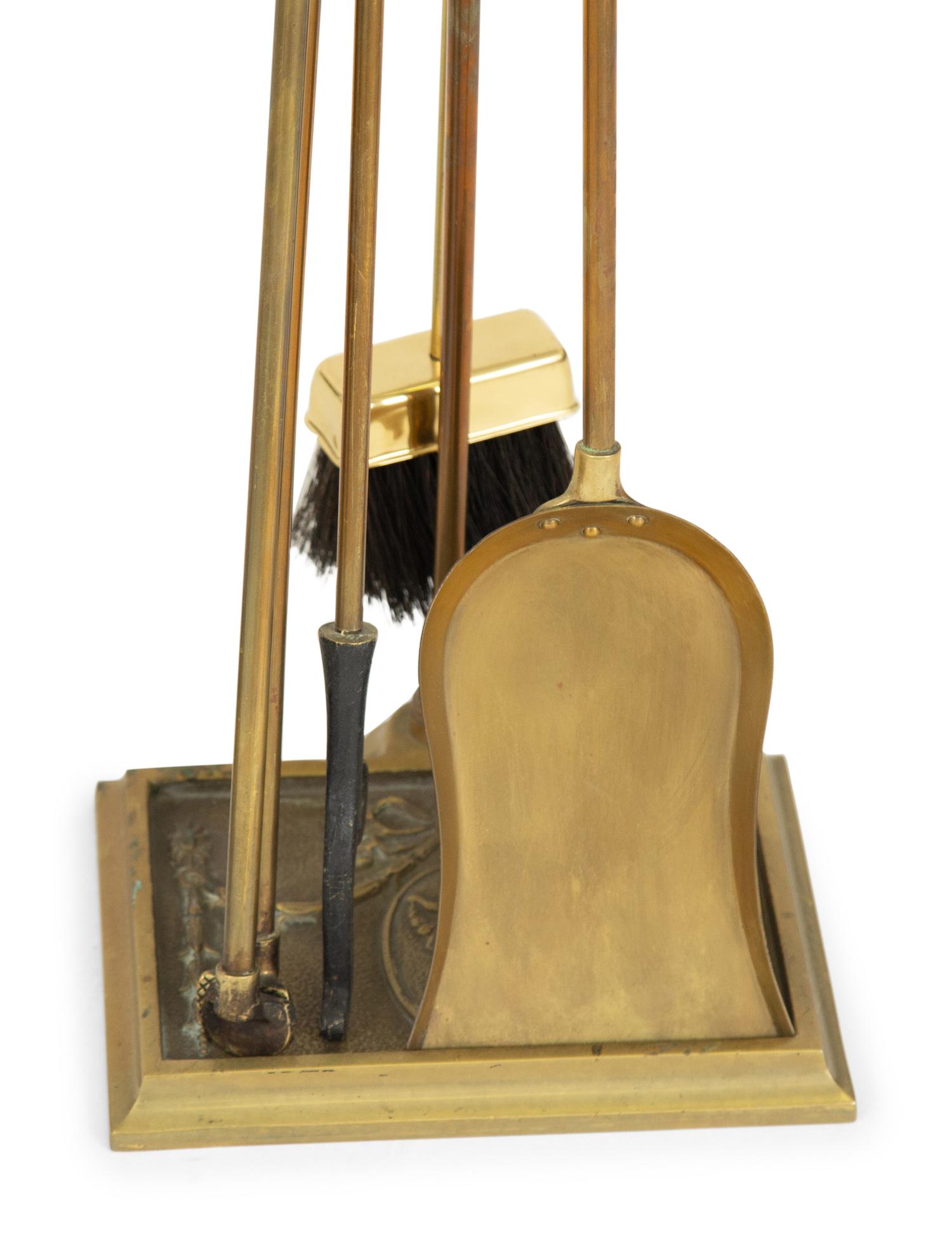 Two Sets of Brass Fire Tools and a Pair of Brass Andirons