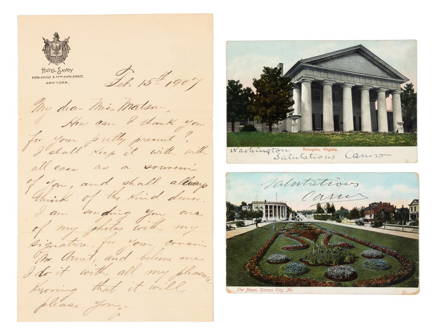 CARUSO, Enrico (1873-1921). Autograph letter signed ("Enrico Caruso"). To Miss Elizabeth Matson, Feb. 15th 1907.