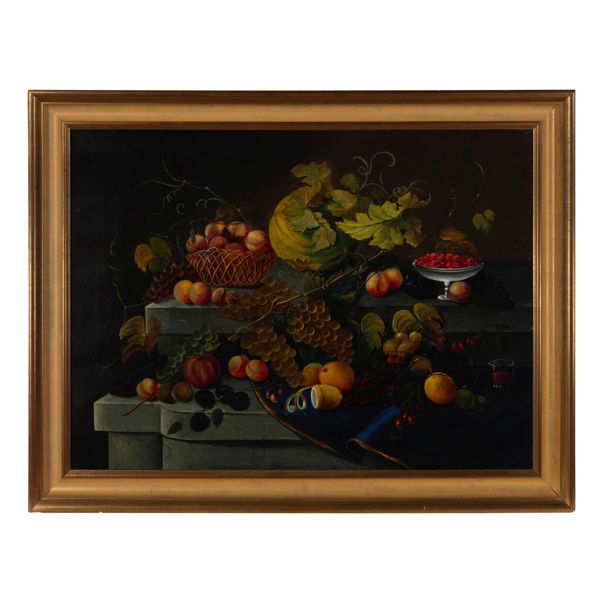 After Severin Roesen, 19th Century — Still Life with Fruits, a Melon, Grapevines and a Glass of Wine
