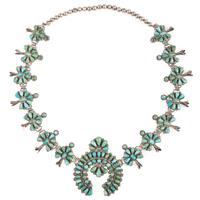 Zuni Silver and Petit Point Turquoise Squash Blossom Necklace