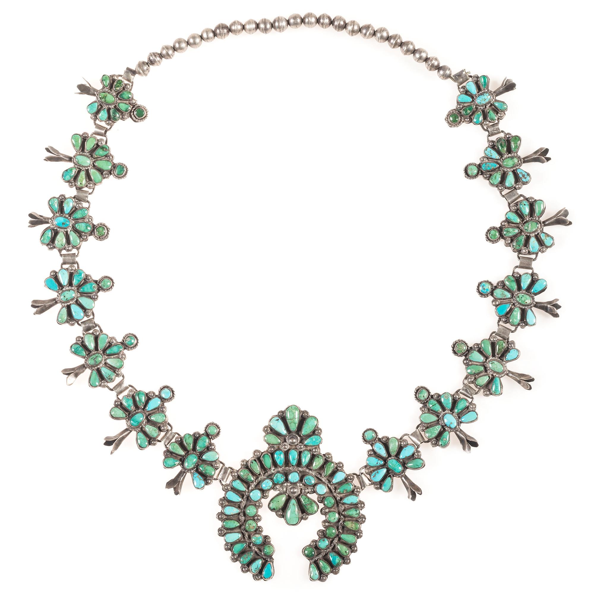 Zuni Silver and Petit Point Turquoise Squash Blossom Necklace