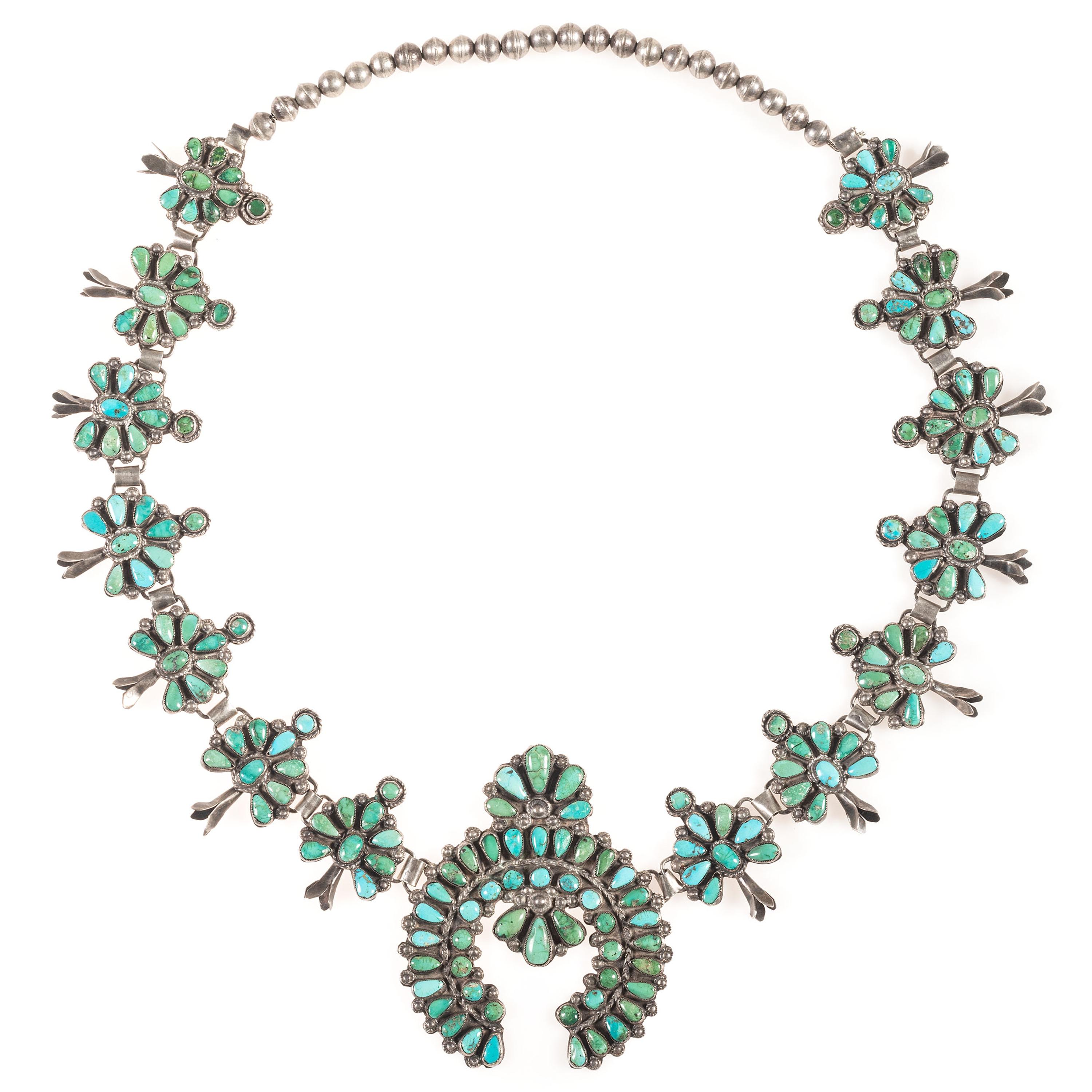 Zuni Silver and Petit Point Turquoise Squash Blossom Necklace