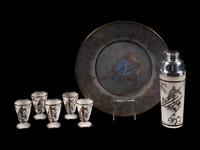 An Art Deco Silver Overlay Frosted Glass Cocktail Service
