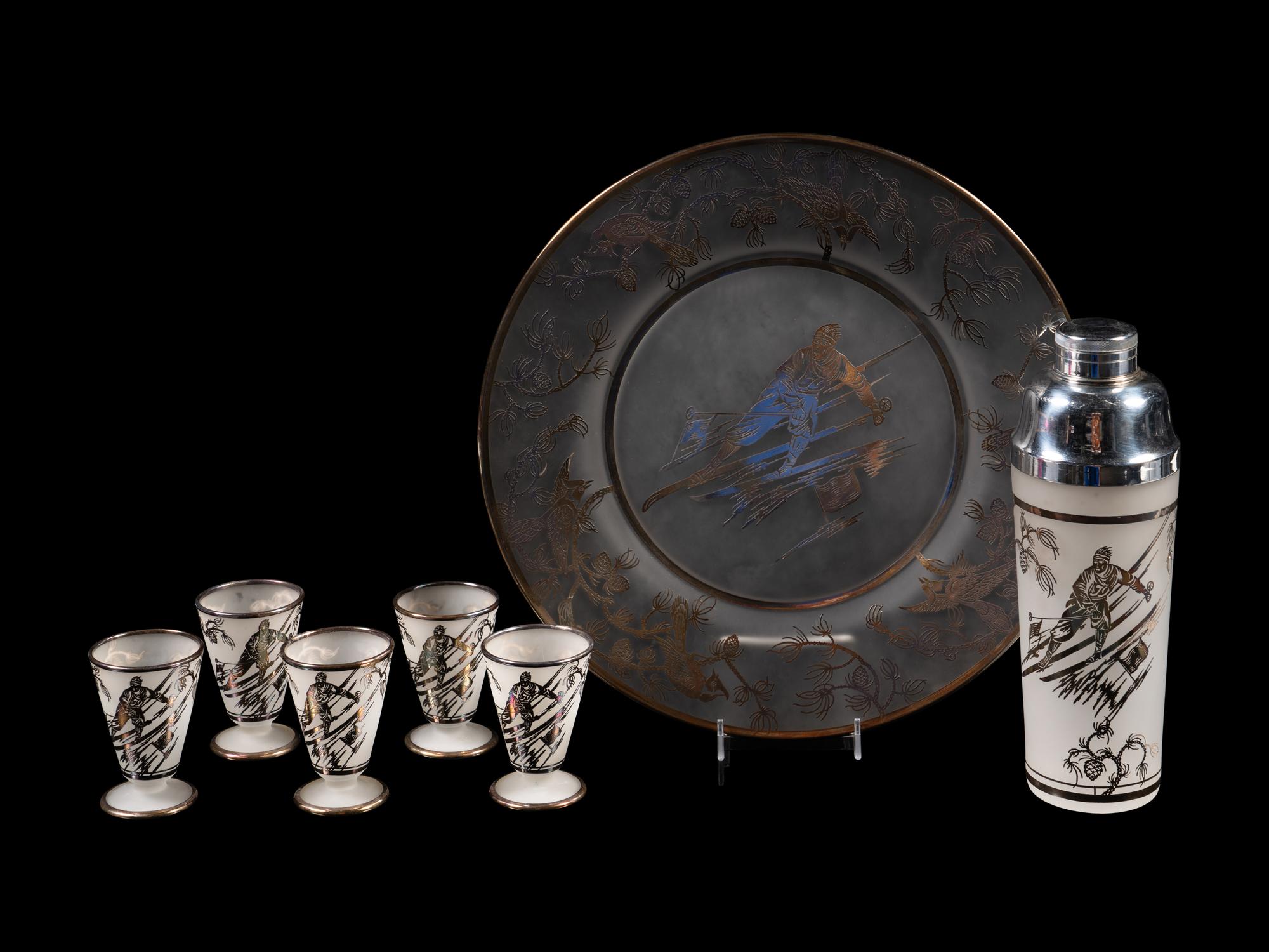 An Art Deco Silver Overlay Frosted Glass Cocktail Service