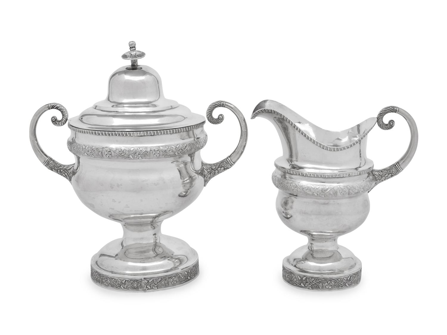 An American Silver Covered Sugar Bowl and Creamer