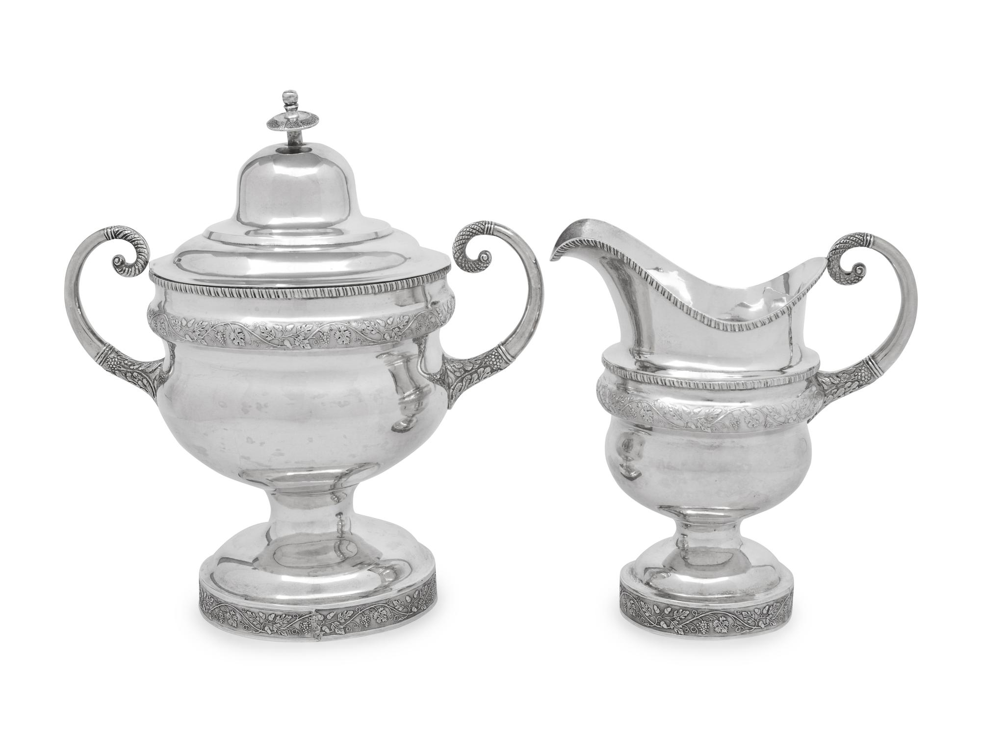 An American Silver Covered Sugar Bowl and Creamer