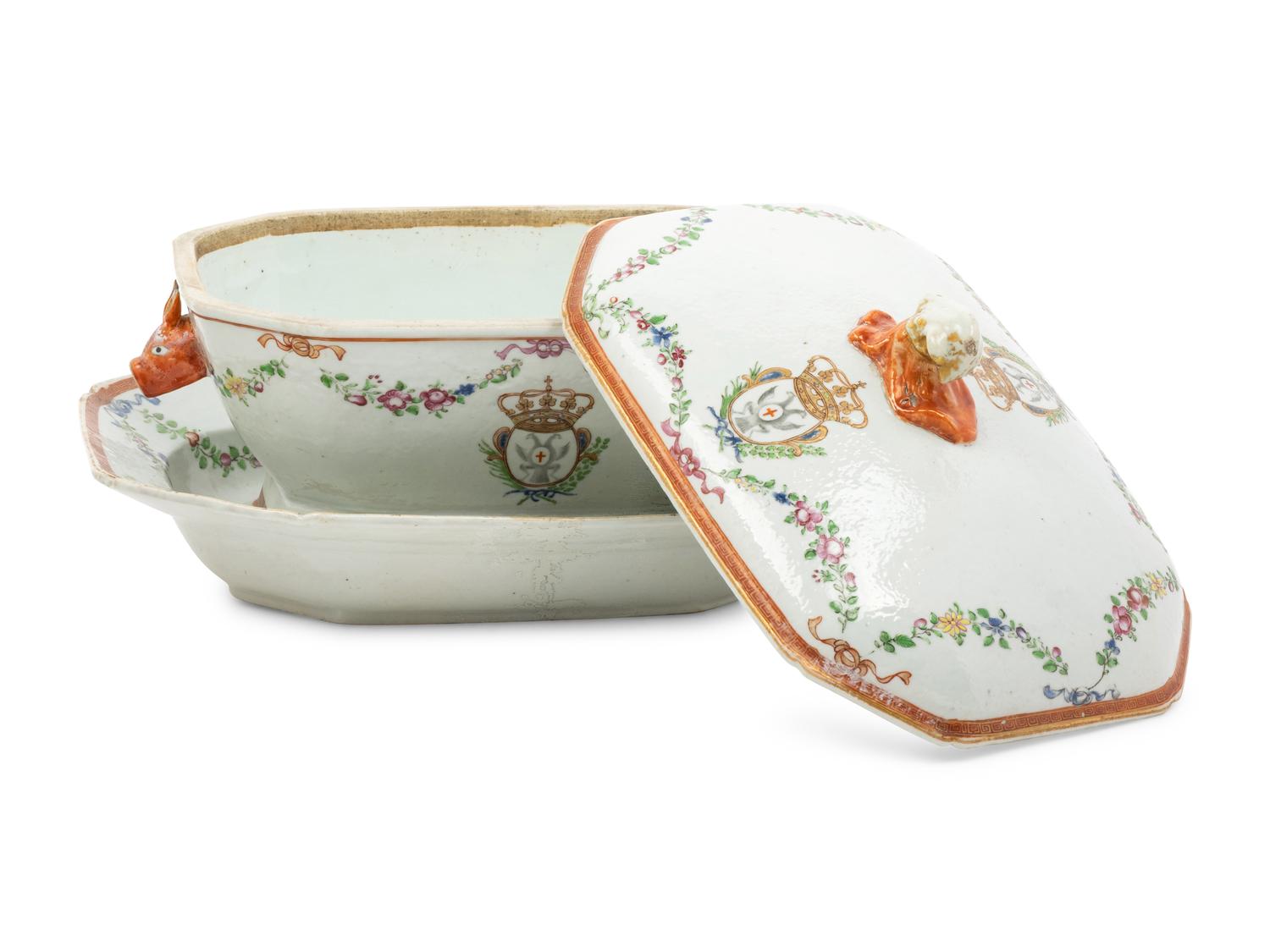 A Pair of Chinese Export Porcelain Armorial Soup Tureens on Stands, Made for the German Market