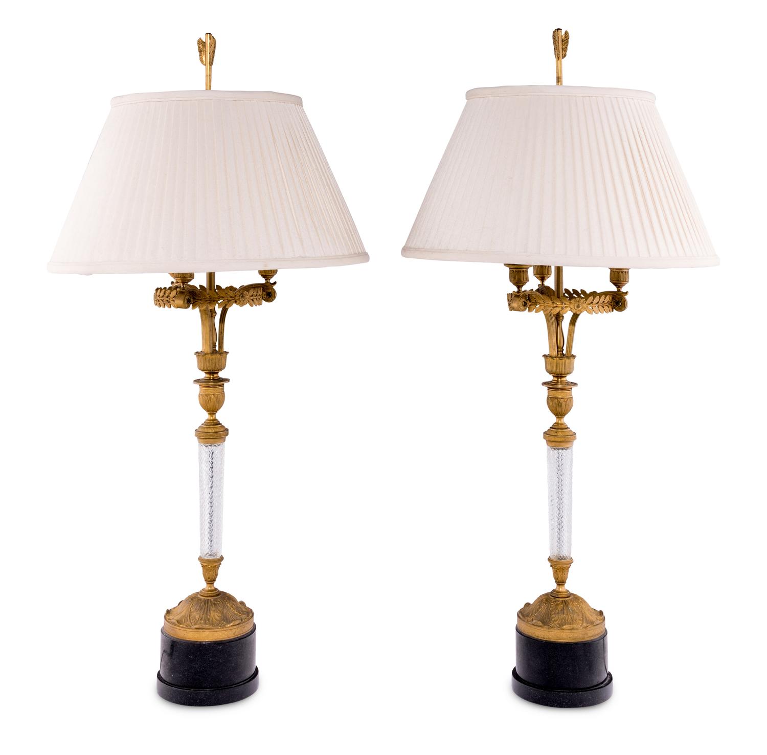 A Pair of Empire Style Gilt Bronze and Cut Glass Lamps