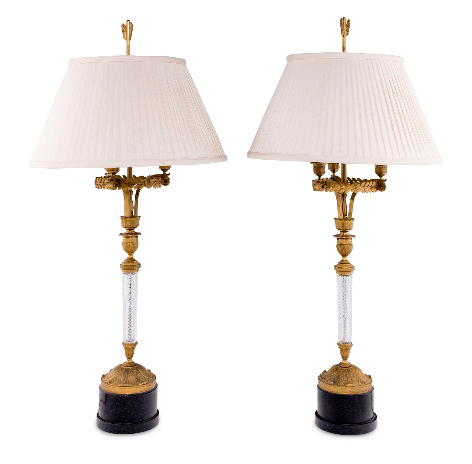A Pair of Empire Style Gilt Bronze and Cut Glass Lamps