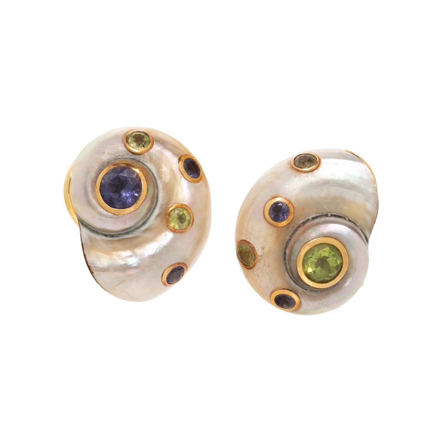 TRIANON, PERIDOT, AMETHYST AND TURBO SHELL EARRINGS
