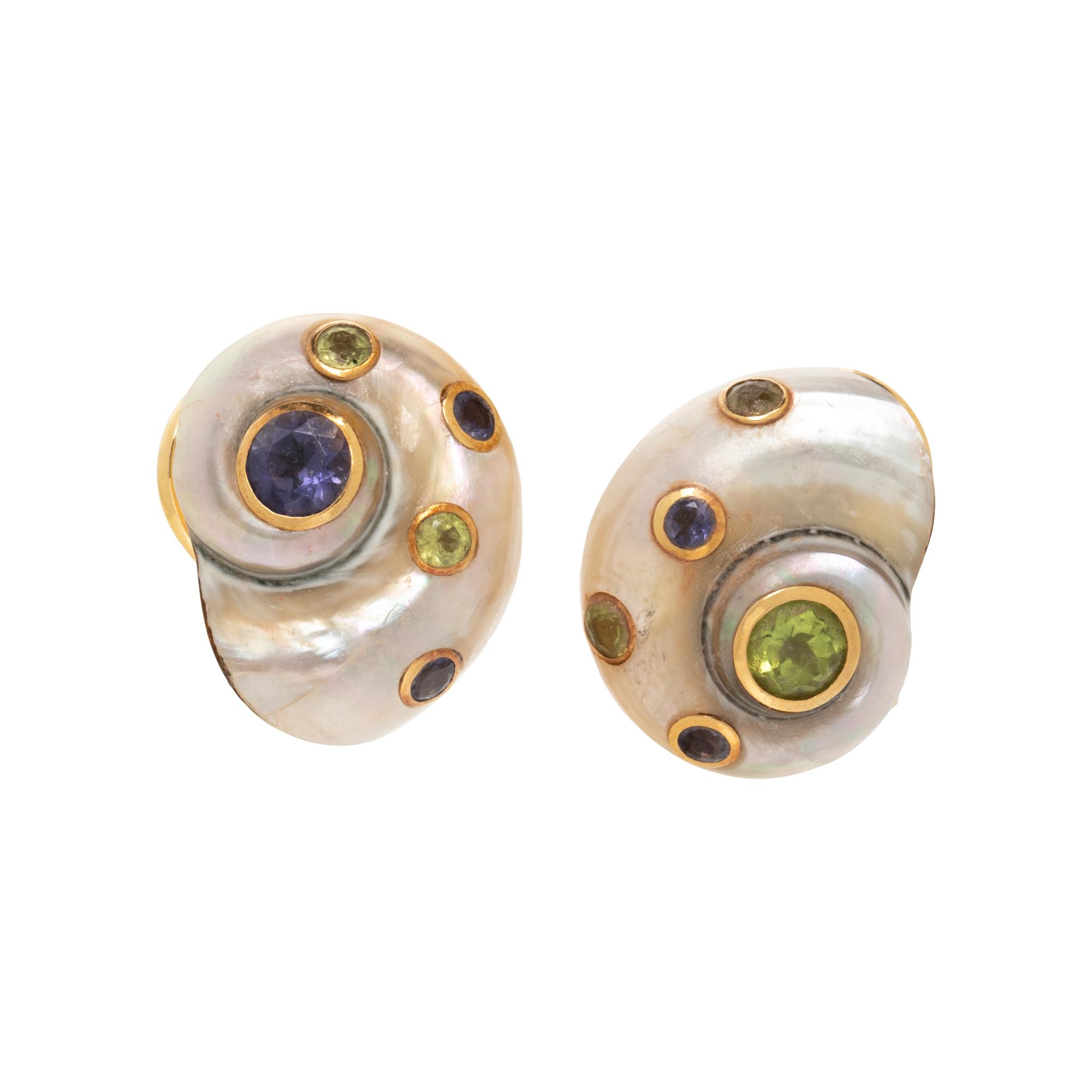 TRIANON, PERIDOT, AMETHYST AND TURBO SHELL EARRINGS