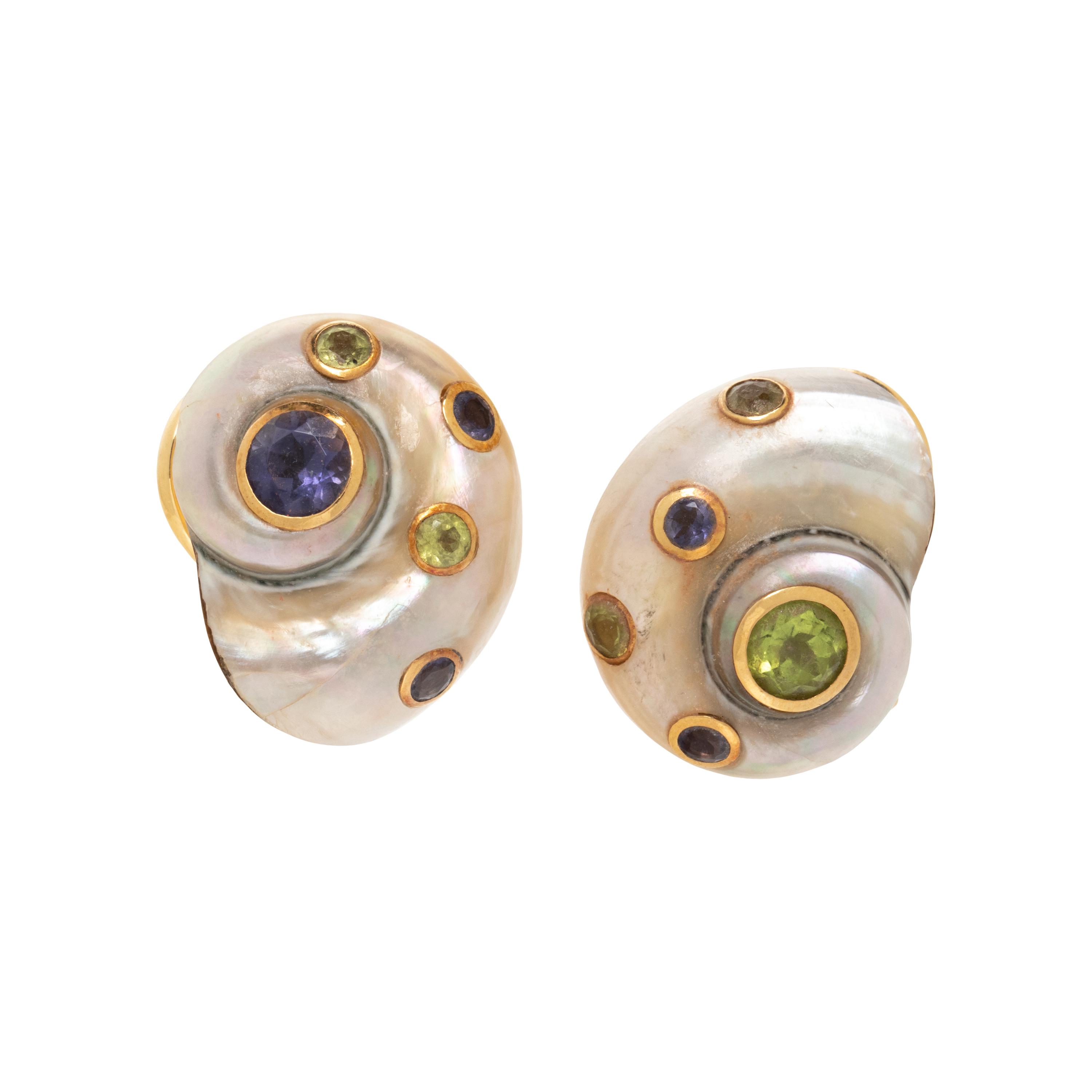TRIANON, PERIDOT, AMETHYST AND TURBO SHELL EARRINGS
