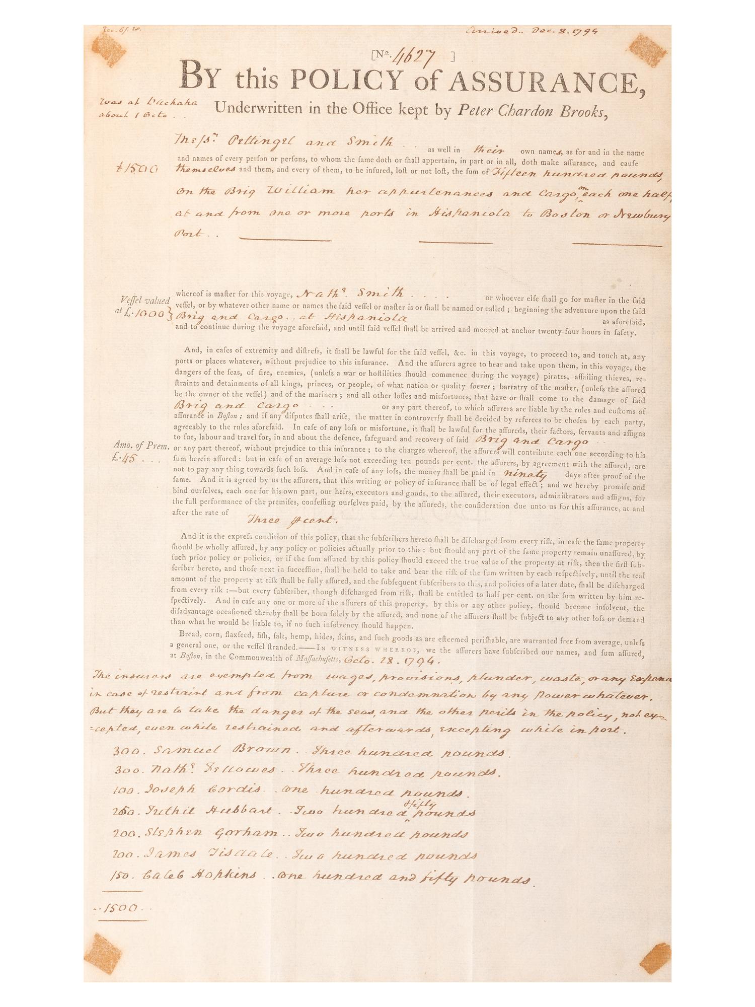 [MASSACHUSETTS]. A group of shipping documents, including a "Policy of Assurance" for cargo aboard the Brig William , 28 October 1794.