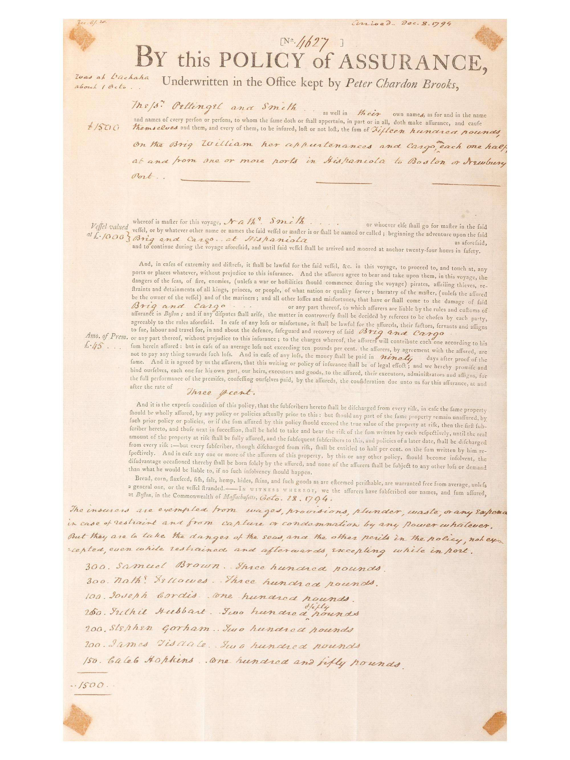 [MASSACHUSETTS]. A group of shipping documents, including a "Policy of Assurance" for cargo aboard the Brig William , 28 October 1794.