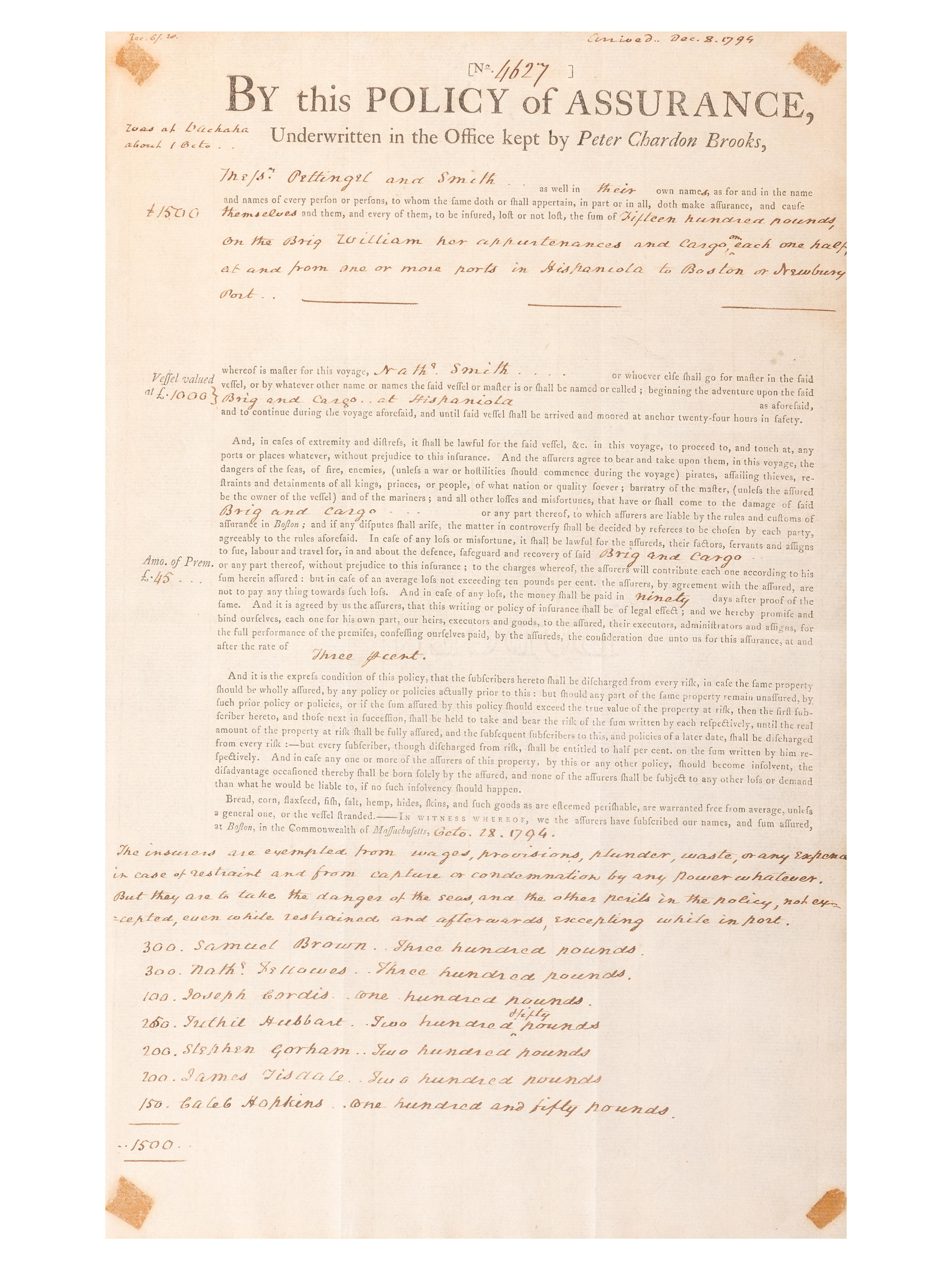 [MASSACHUSETTS]. A group of shipping documents, including a "Policy of Assurance" for cargo aboard the Brig William , 28 October 1794.