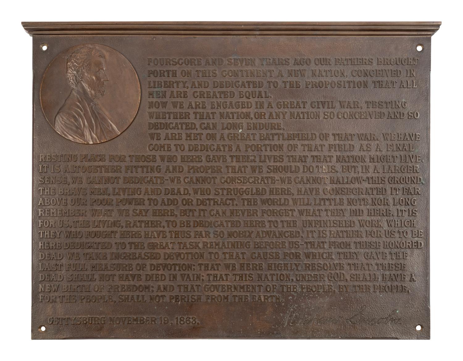 [LINCOLN, Abraham (1809-1865)]. BRENNER, Victor David (1871-1924). A bronze plaque displaying the full text of "The Gettysburg Address." Providence, Rhode Island: The Gorham Manufacturing Company, ca. 1916.