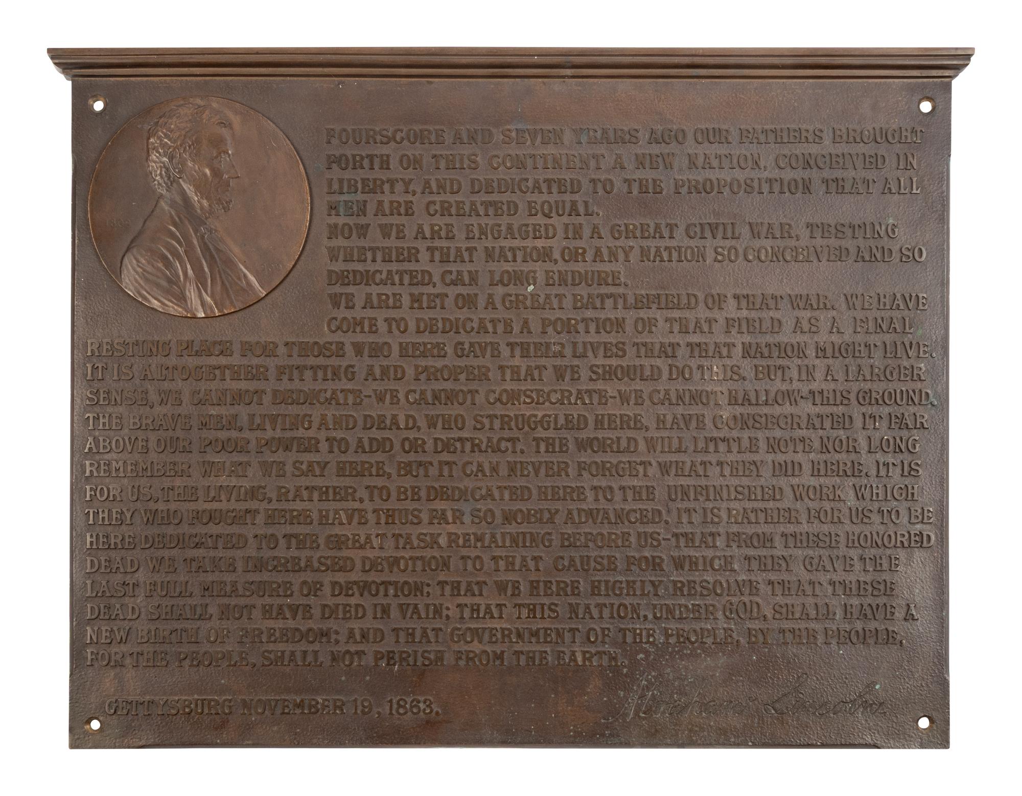 [LINCOLN, Abraham (1809-1865)]. BRENNER, Victor David (1871-1924). A bronze plaque displaying the full text of "The Gettysburg Address." Providence, Rhode Island: The Gorham Manufacturing Company, ca. 1916.