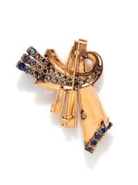 RETRO, SAPPHIRE, DIAMOND, AND GOLD BROOCH