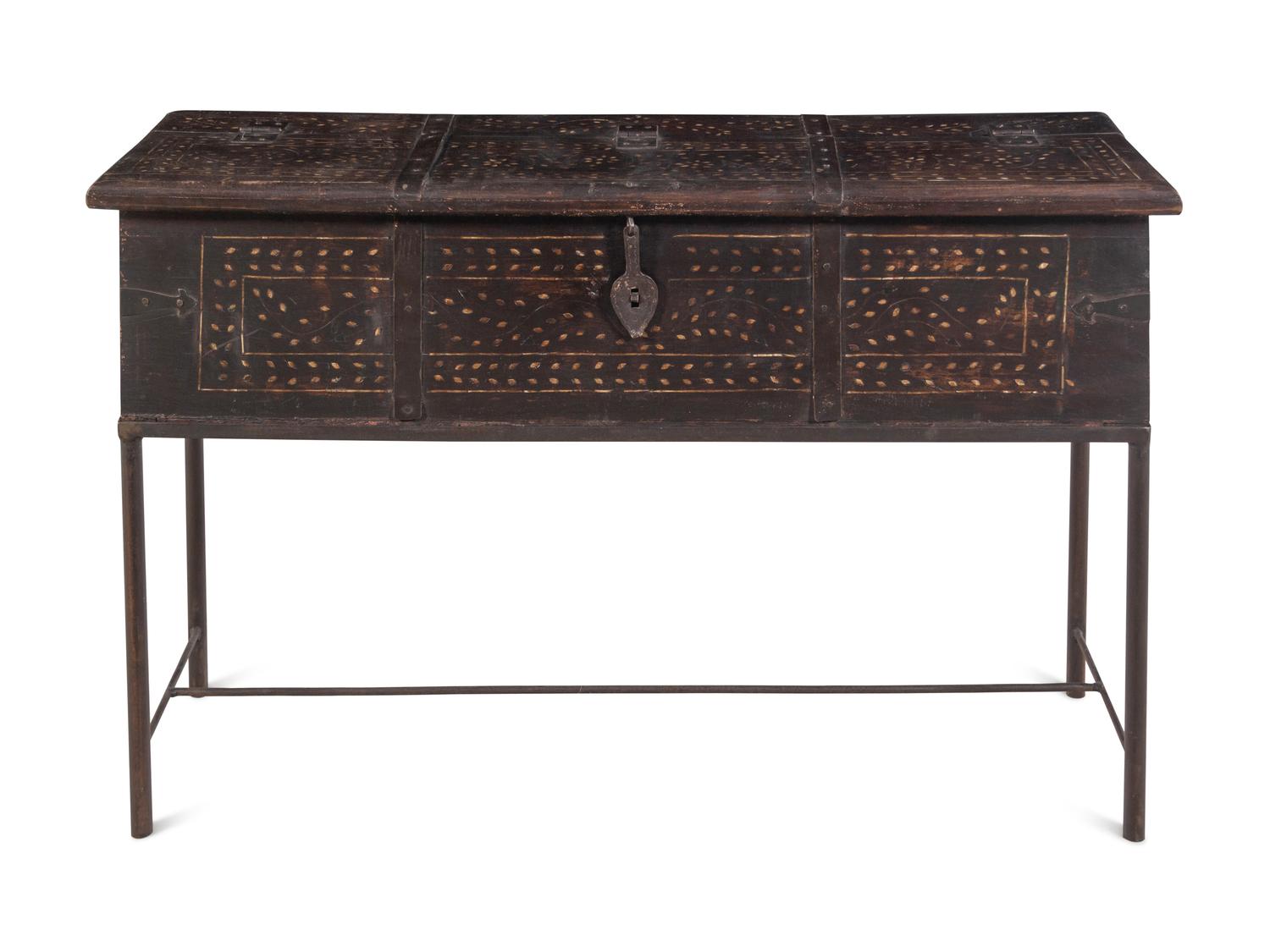 A Syrian Iron Mounted and Bone Inlaid Trunk on a Later Stand