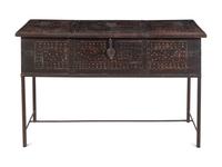 A Syrian Iron Mounted and Bone Inlaid Trunk on a Later Stand