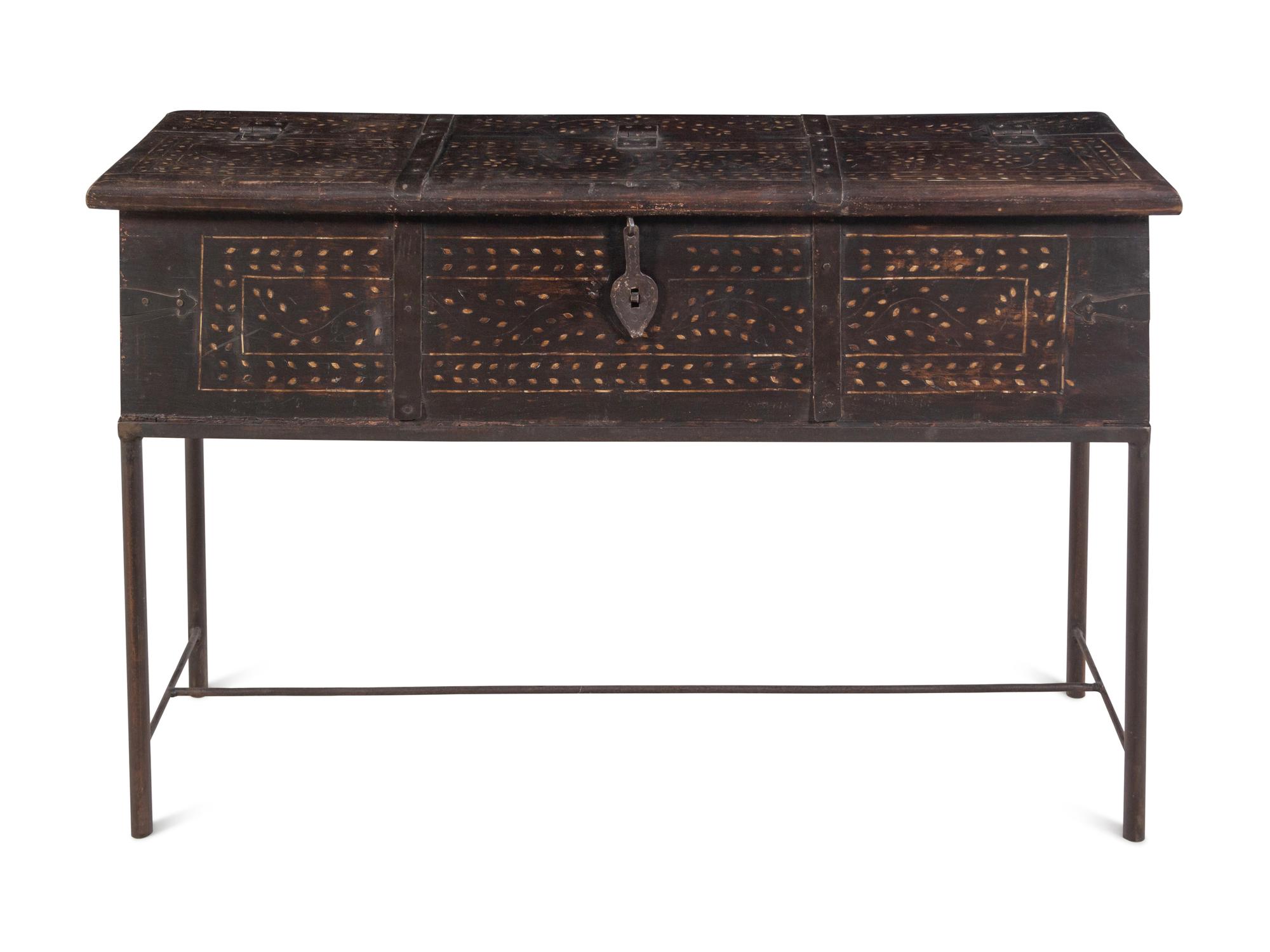 A Syrian Iron Mounted and Bone Inlaid Trunk on a Later Stand