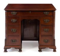 An English Mahogany Kneehole Desk Height 30 1/4 x width 36 3/8 x depth 21 inches. — 19TH CENTURY