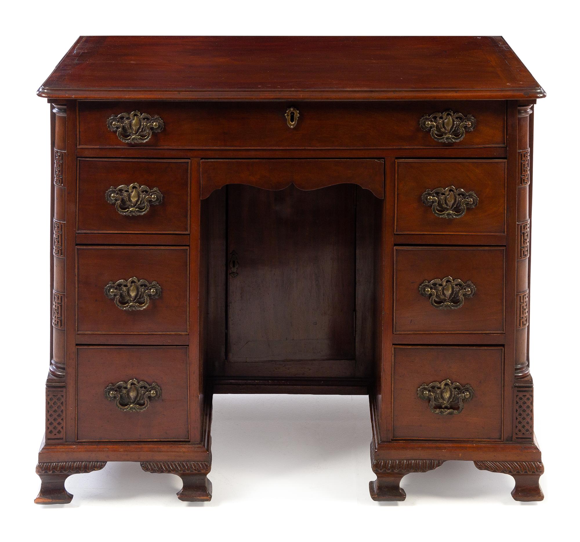 An English Mahogany Kneehole Desk Height 30 1/4 x width 36 3/8 x depth 21 inches. — 19TH CENTURY