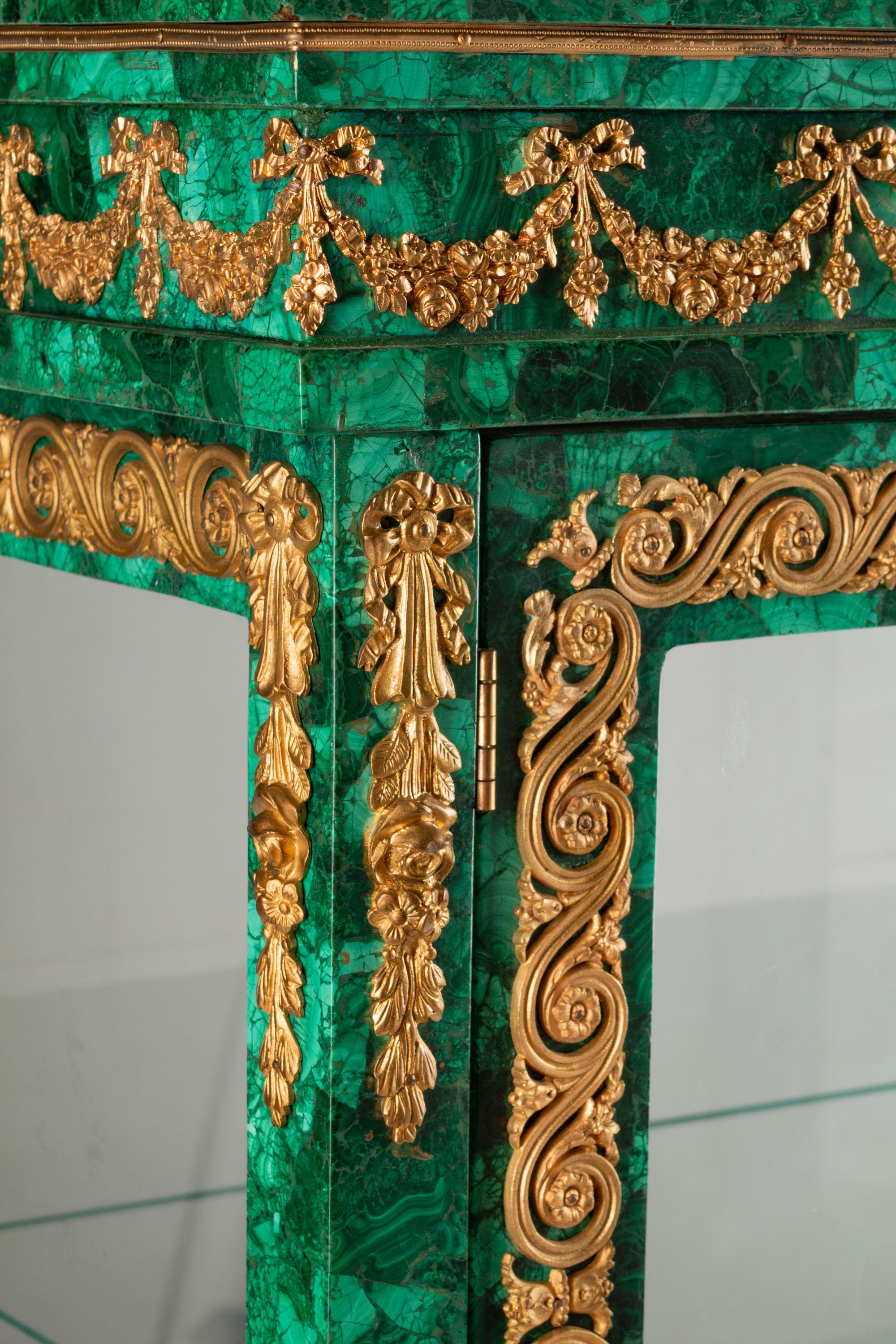 A Louis XVI Style Bronze-Mounted and Malachite-Veneered Vitrine Cabinet