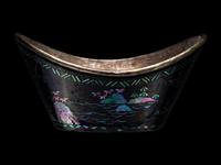 A Set of Six Mother-of-Pearl Inlaid Black Lacquer Ingot-Form Cups