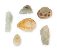 Six Chinese Carved Green Hardstone Ornaments — 20TH CENTURY