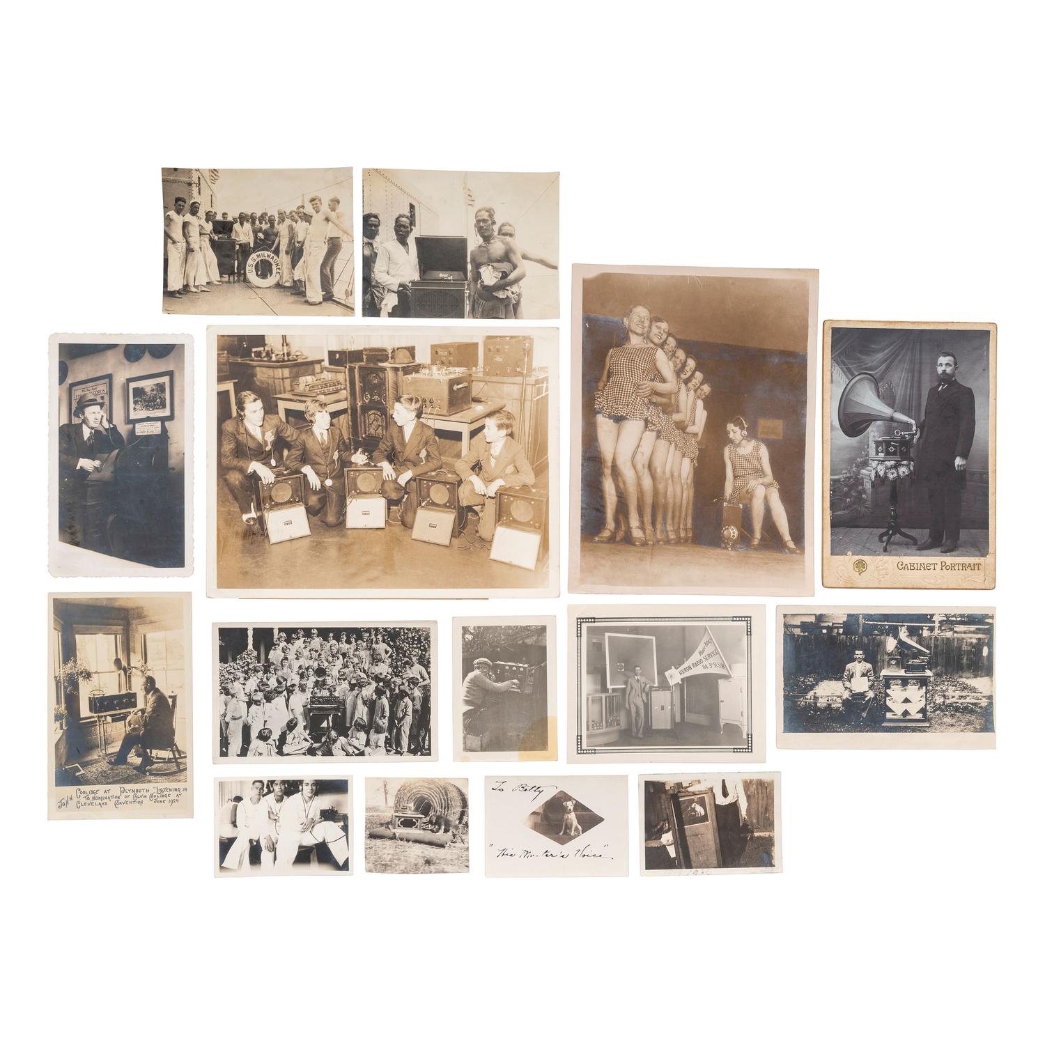 [EARLY PHOTOGRAPHY - RECORDING & LISTENING DEVICES]. A collection of 100+ photographs and advertisements mostly featuring subjects with Edison phonographs and other listening and recording devices, including: