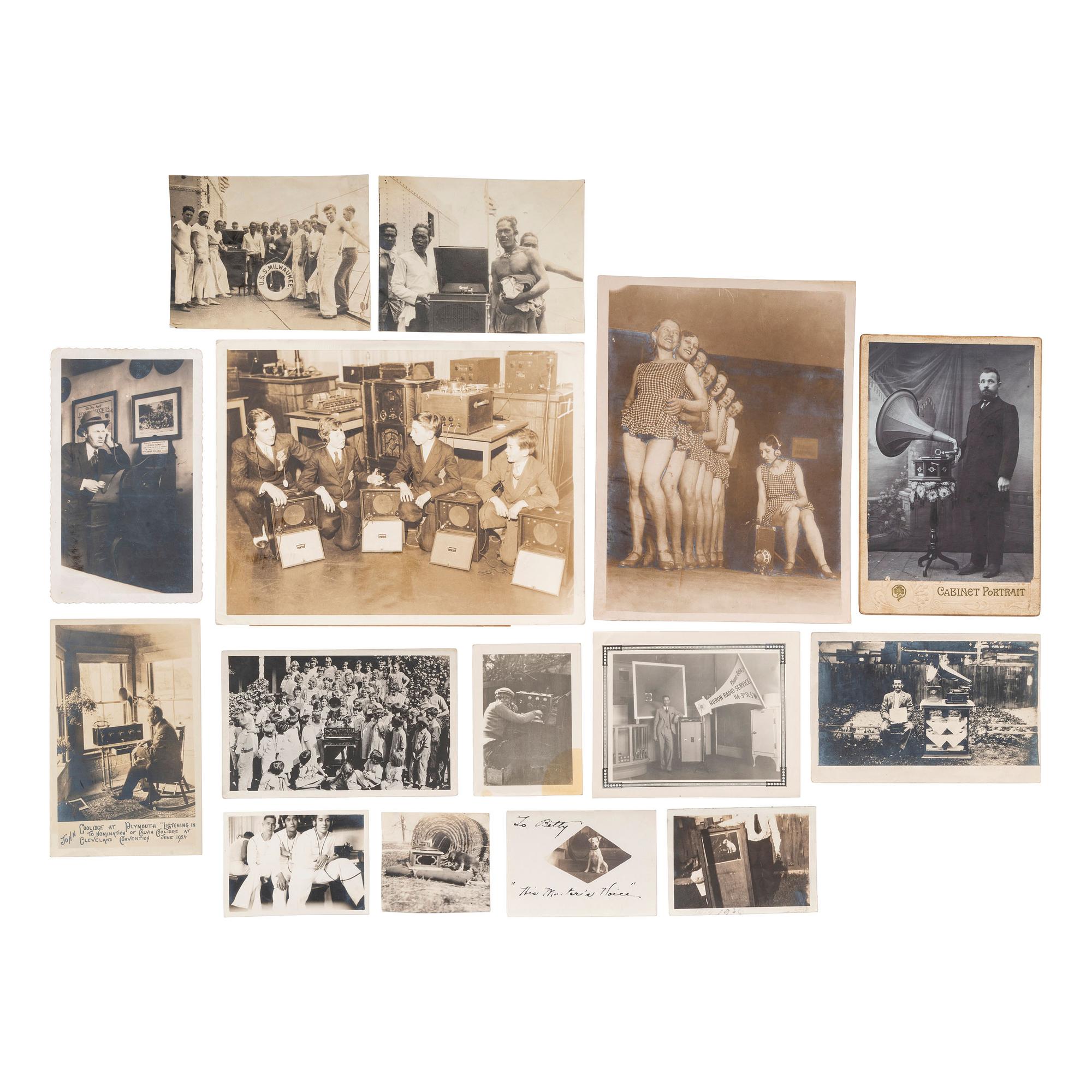 [EARLY PHOTOGRAPHY - RECORDING & LISTENING DEVICES]. A collection of 100+ photographs and advertisements mostly featuring subjects with Edison phonographs and other listening and recording devices, including: