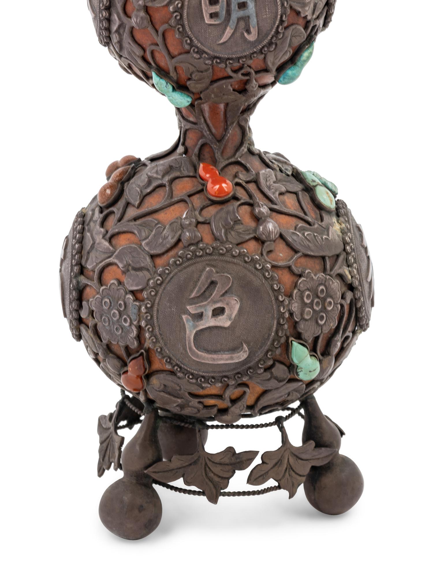 A Chinese Metal and Hardstone Inlaid Double Gourd
