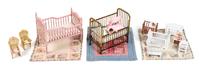 An Assembled Group of Nursery Themed Articles Height of tallest crib 4 3/8 inches. — Various Makers