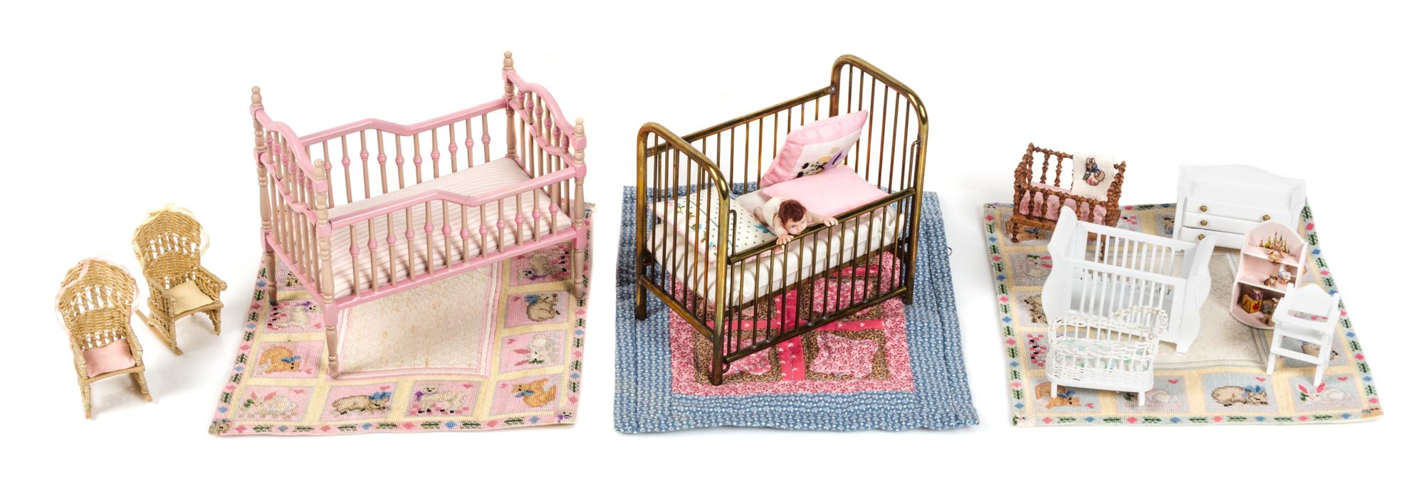 An Assembled Group of Nursery Themed Articles Height of tallest crib 4 3/8 inches. — Various Makers