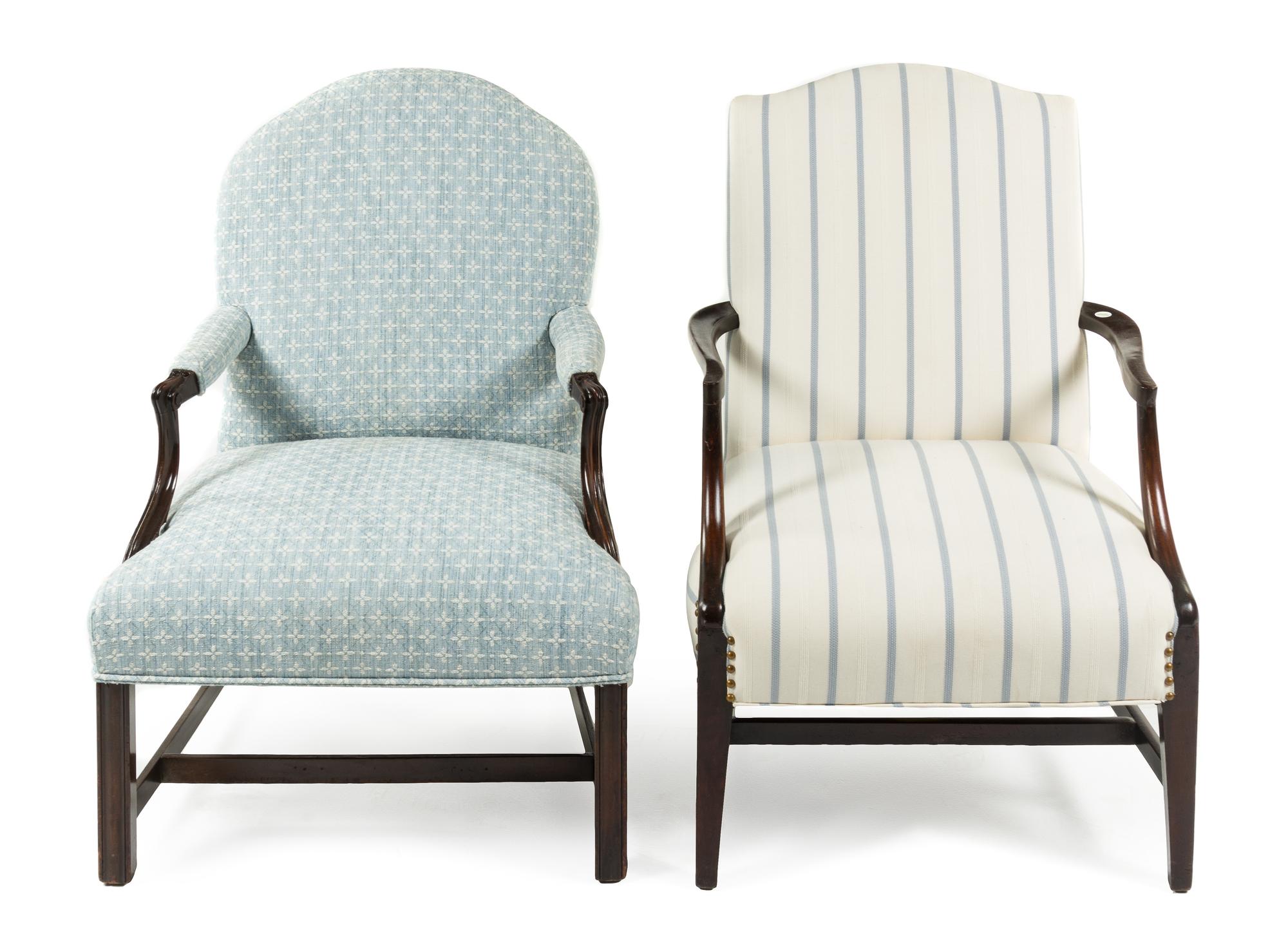 Two Georgian Style Upholstered Armchairs Height of first 39 inches. — FIRST HALF 20TH CENTURY