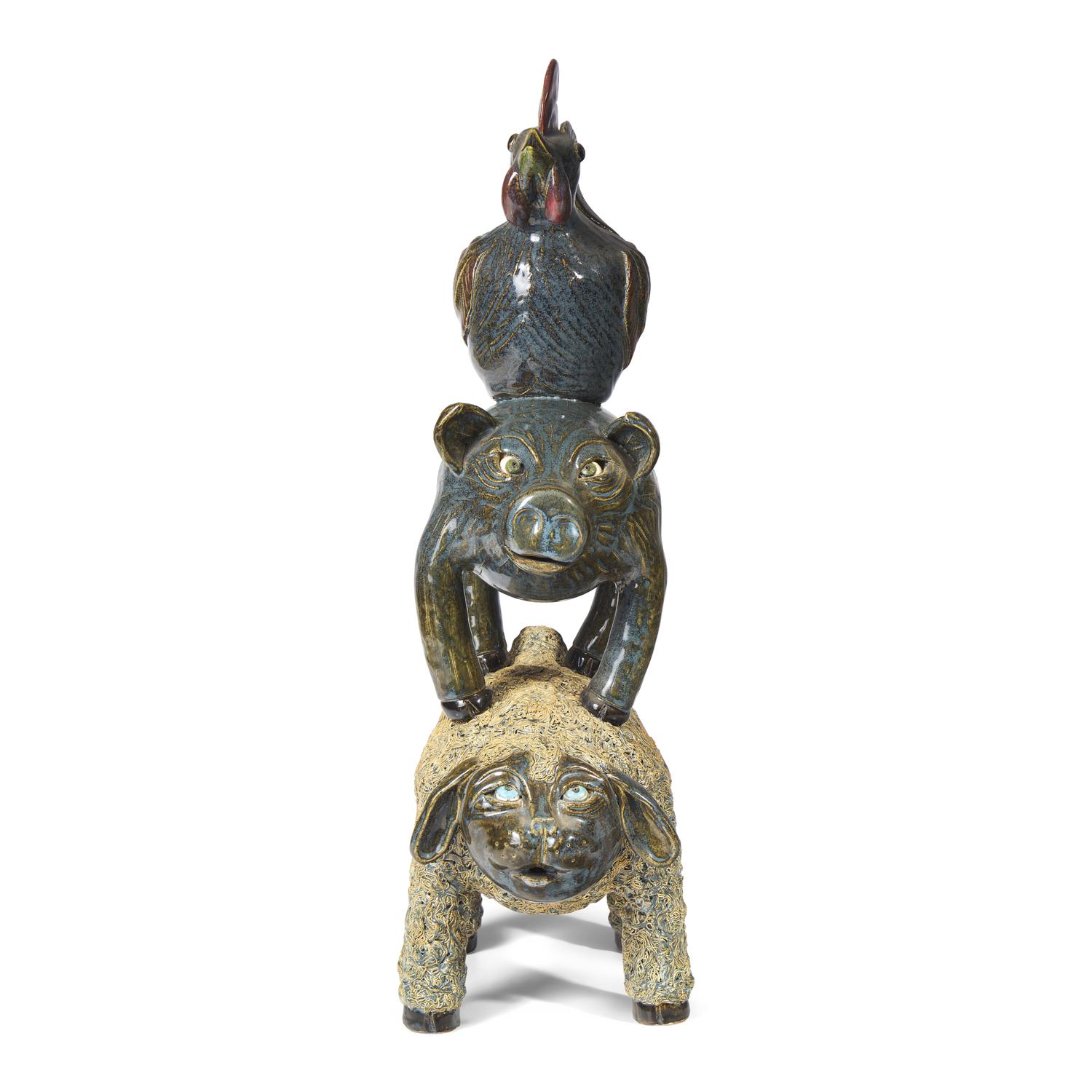 Lin Craven (1946-2011), A Glazed Stoneware Stacked Animal Group: Sheep, Pig, and Rooster