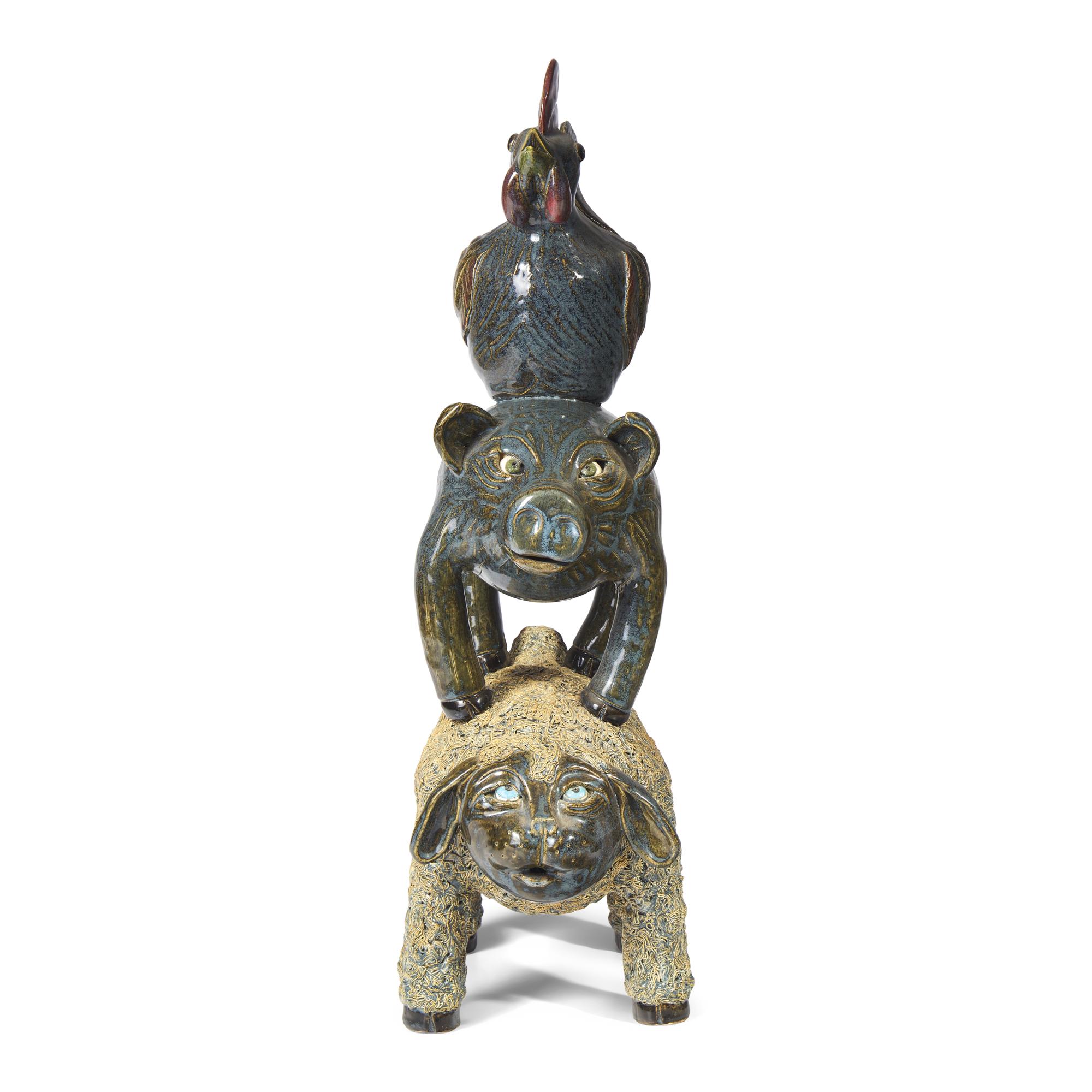 Lin Craven (1946-2011), A Glazed Stoneware Stacked Animal Group: Sheep, Pig, and Rooster