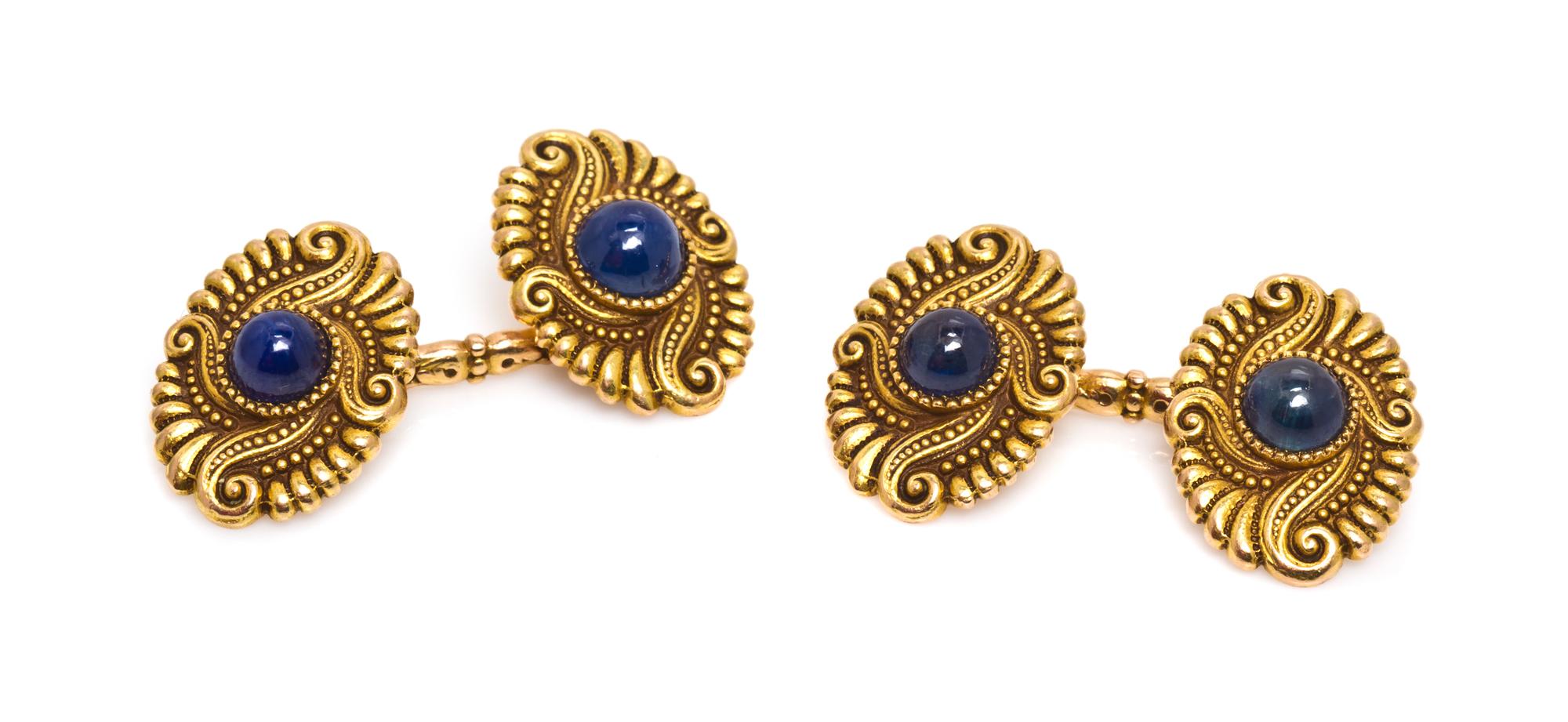 A Pair of Antique Yellow Gold and Sapphire Cufflinks, 7.60 dwts.