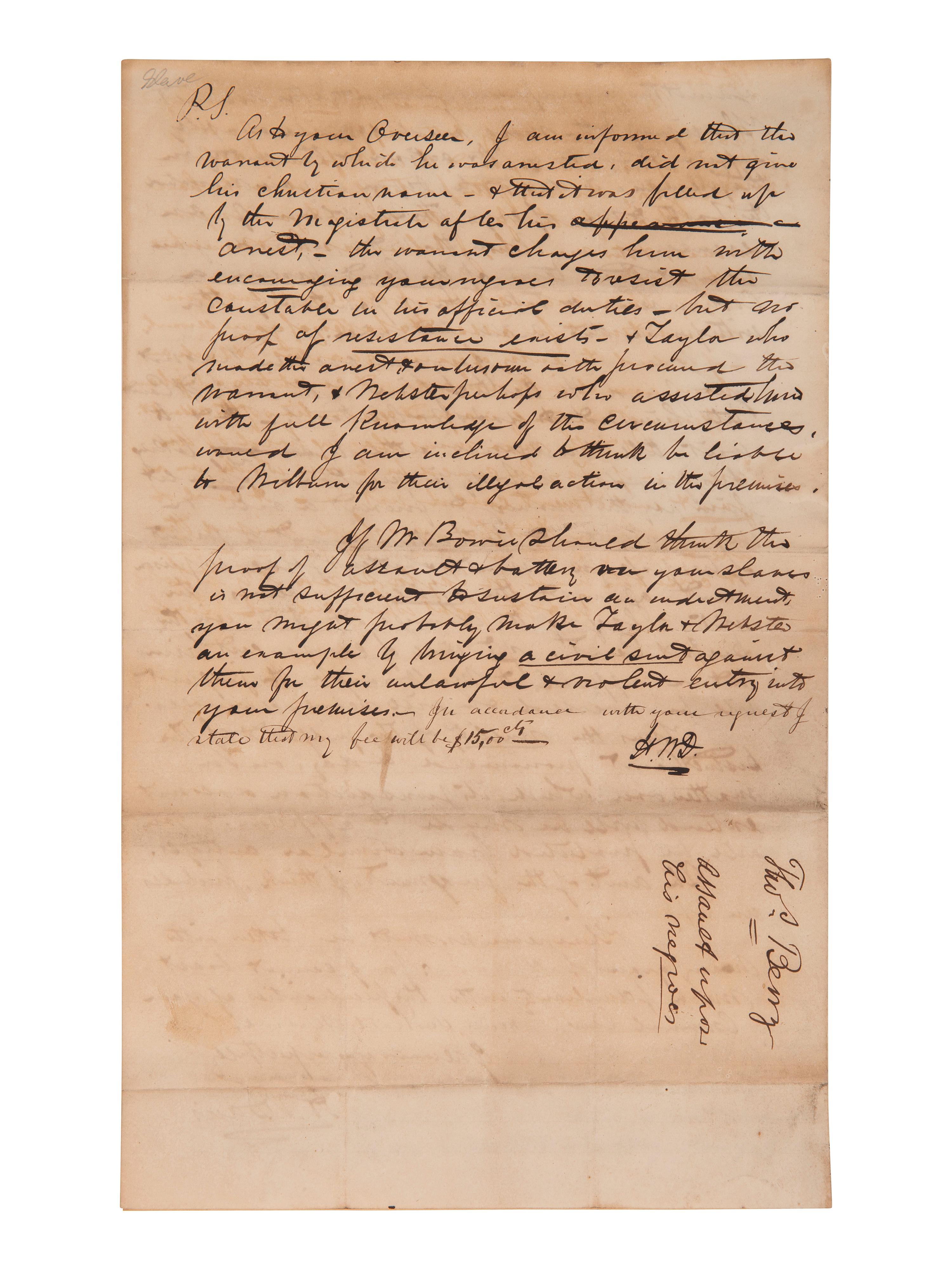 [ENSLAVEMENT]. Lawyer's letter outlining case against men accused of assaulting enslaved persons.